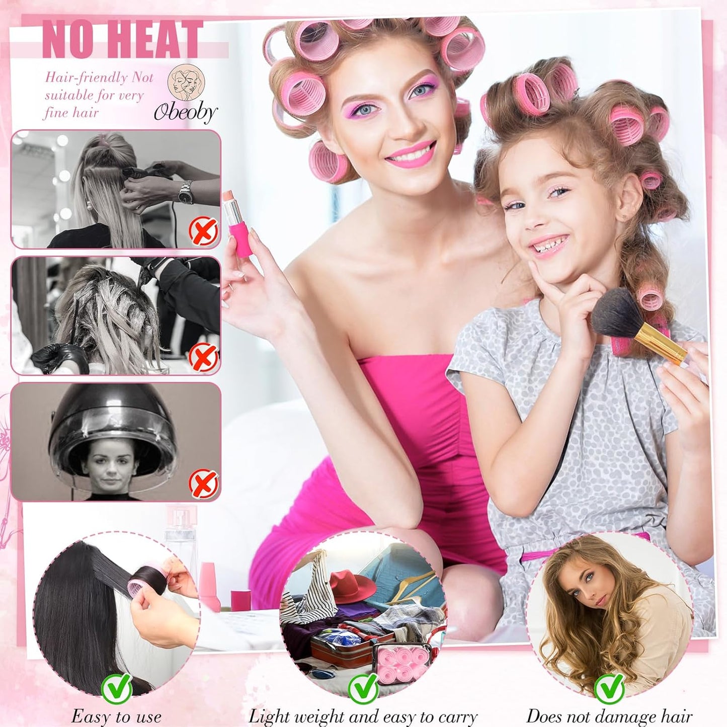 Self-Grip Hair Rollers Set - 50 Pcs for Long, Short Hair & Bangs | 4 Sizes (25mm, 36mm, 48mm, 60mm) - Pink