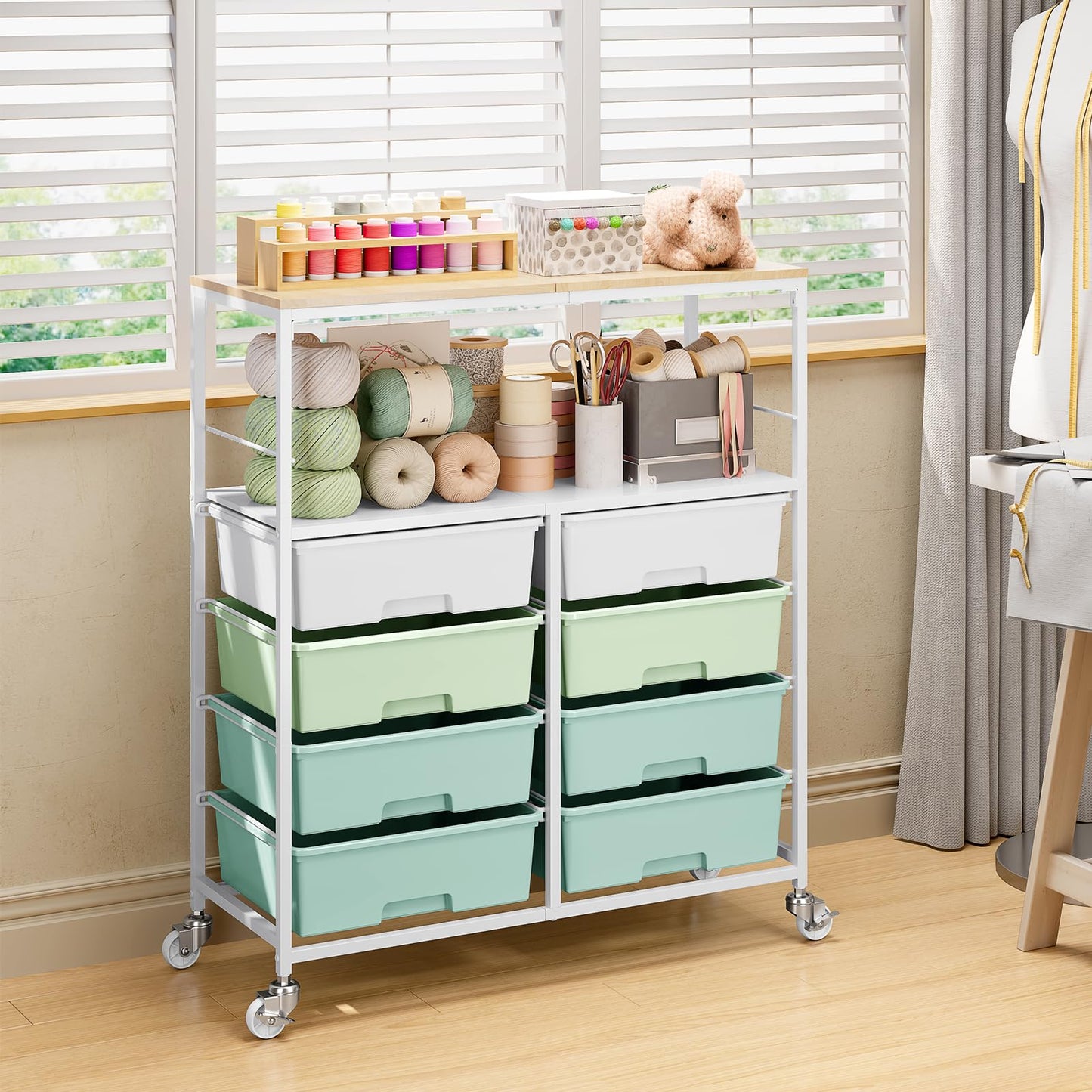 Rolling cart with 8 drawers,Storage drawer cart with wooden tabletop,Lockable wheels organizer for homeschool, arts & crafts, classroom, office & creative spaces (Green)