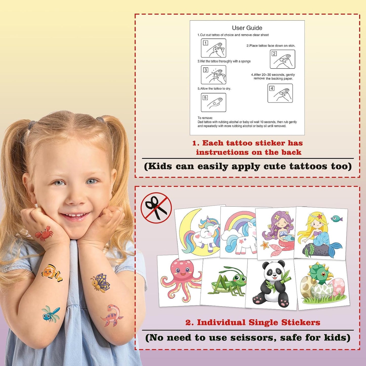 Kids Temporary Tattoos - 104 PCS Dinosaur, Unicorn & Mermaid Stickers | Fun Party Favors for Boys & Girls