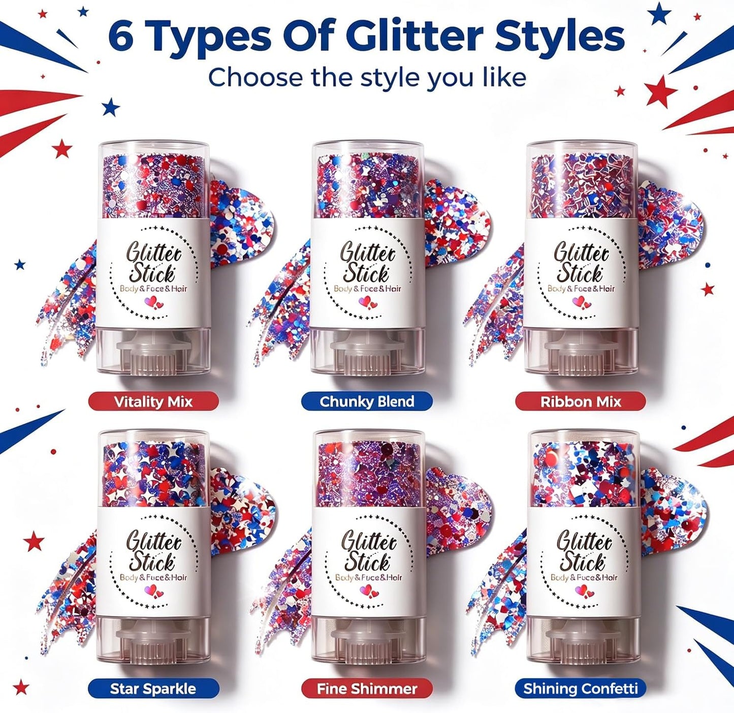 Patriotic Body Glitter Stick - Waterproof Red White Blue Face Glitter for 4th of July | 2-Pack