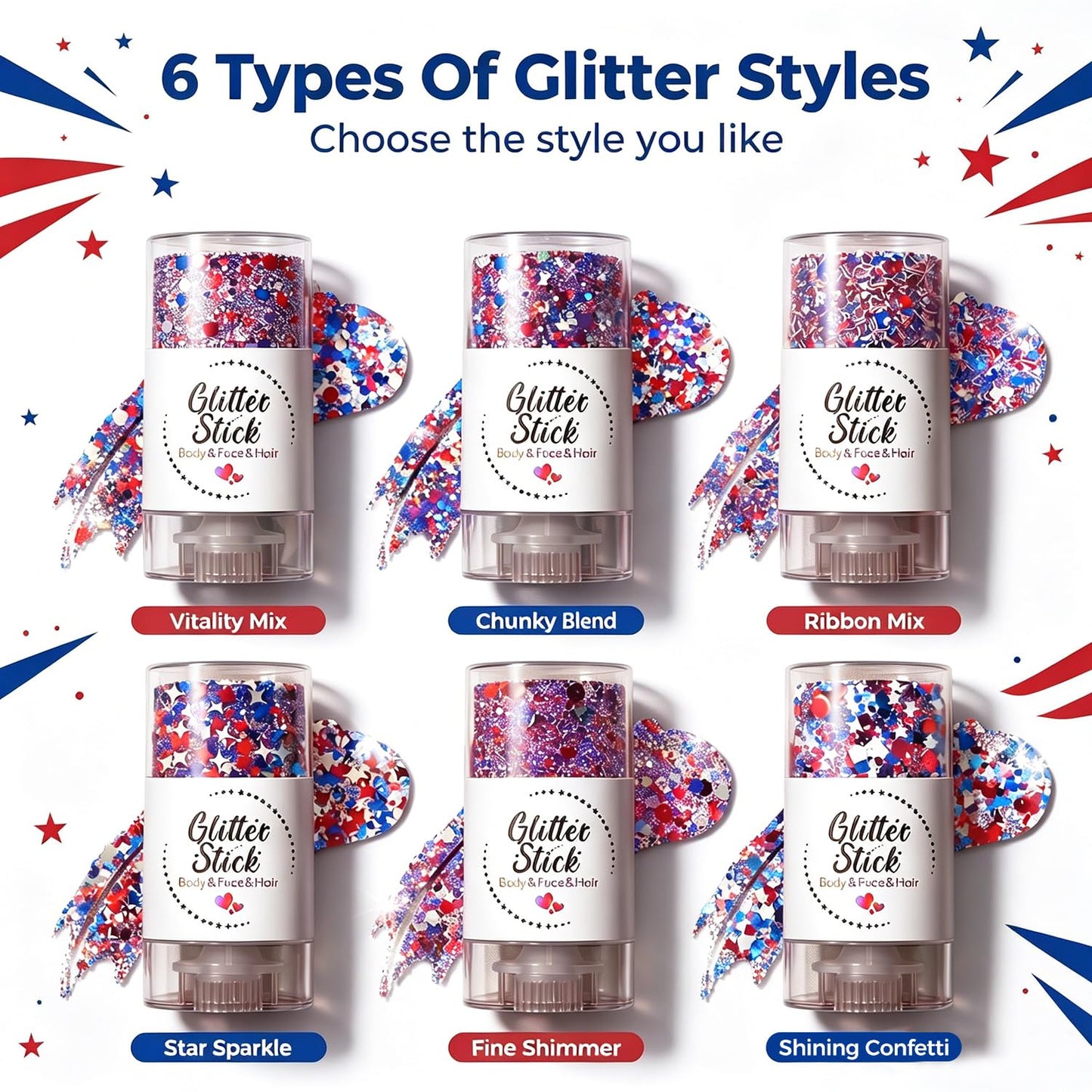 4th of July Patriotic Body Glitter Stick, Red White Blue Face Glitter Stick, Waterproof Festival Fourth of July Glitter for Body Hair Face, Patriotic Glitter for 4th of July Decorations (B)
