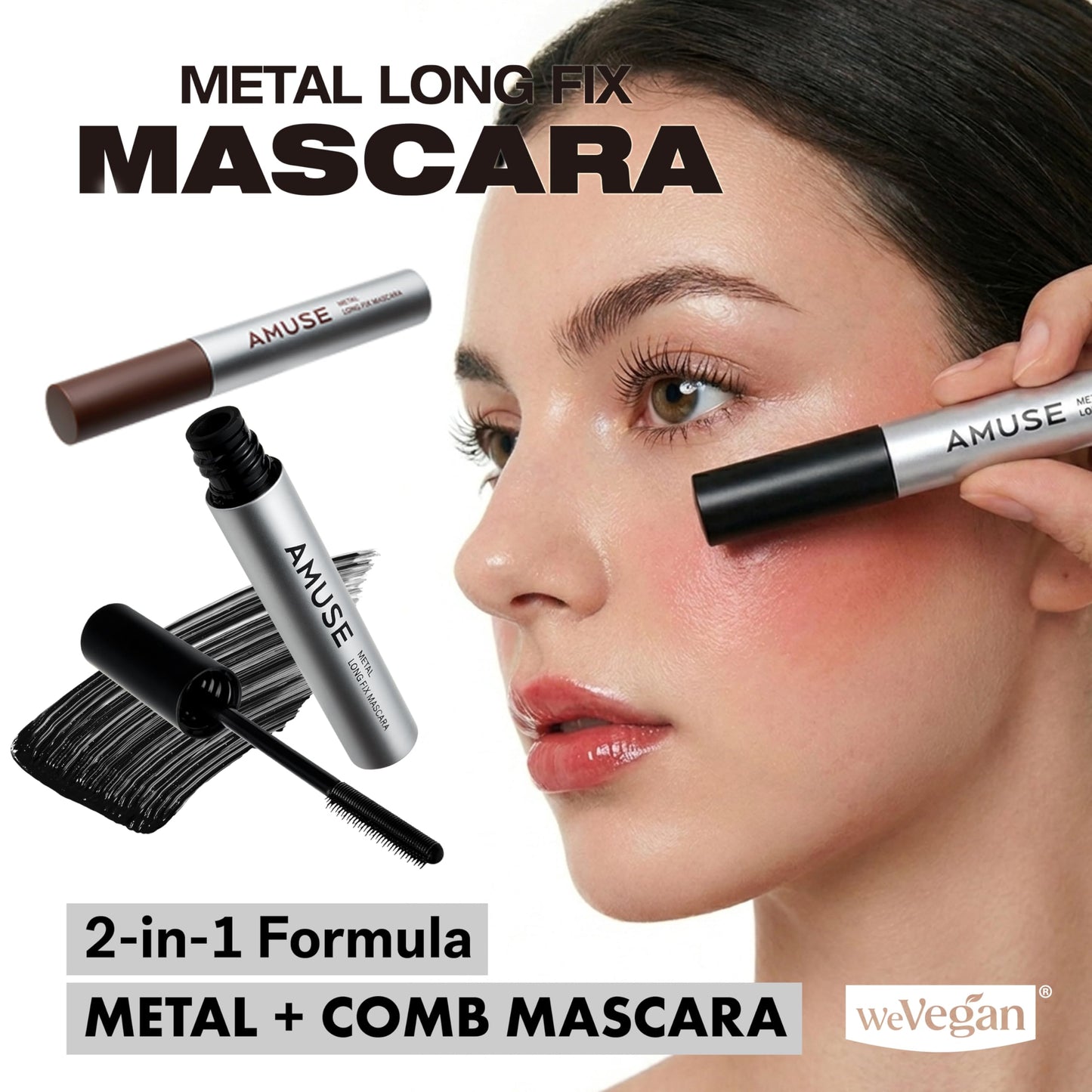 AMUSE SEOUL Long Fix Metal Mascara (01 BLACK) - Tubing Mascara, Smudge Proof, Clump Free, Flake Proof, 2 in 1 Comb Iron Wand, Defining, Curling, Volumizing, Superproof, Vegan, Korean Makeup