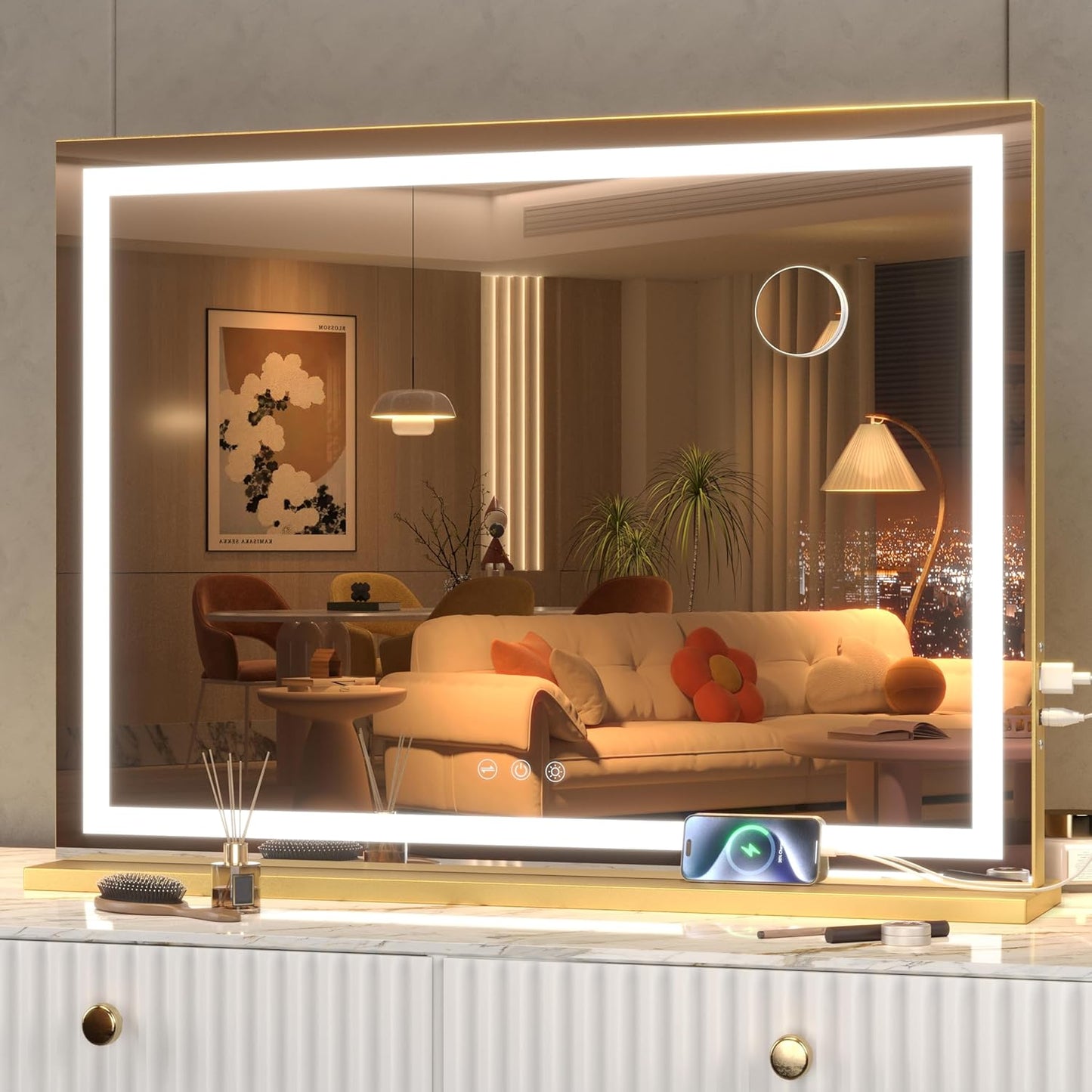 LED Makeup Mirror with Lights - 31.5" x 22" Dimmable Touch Screen Vanity Mirror | Round Black Design