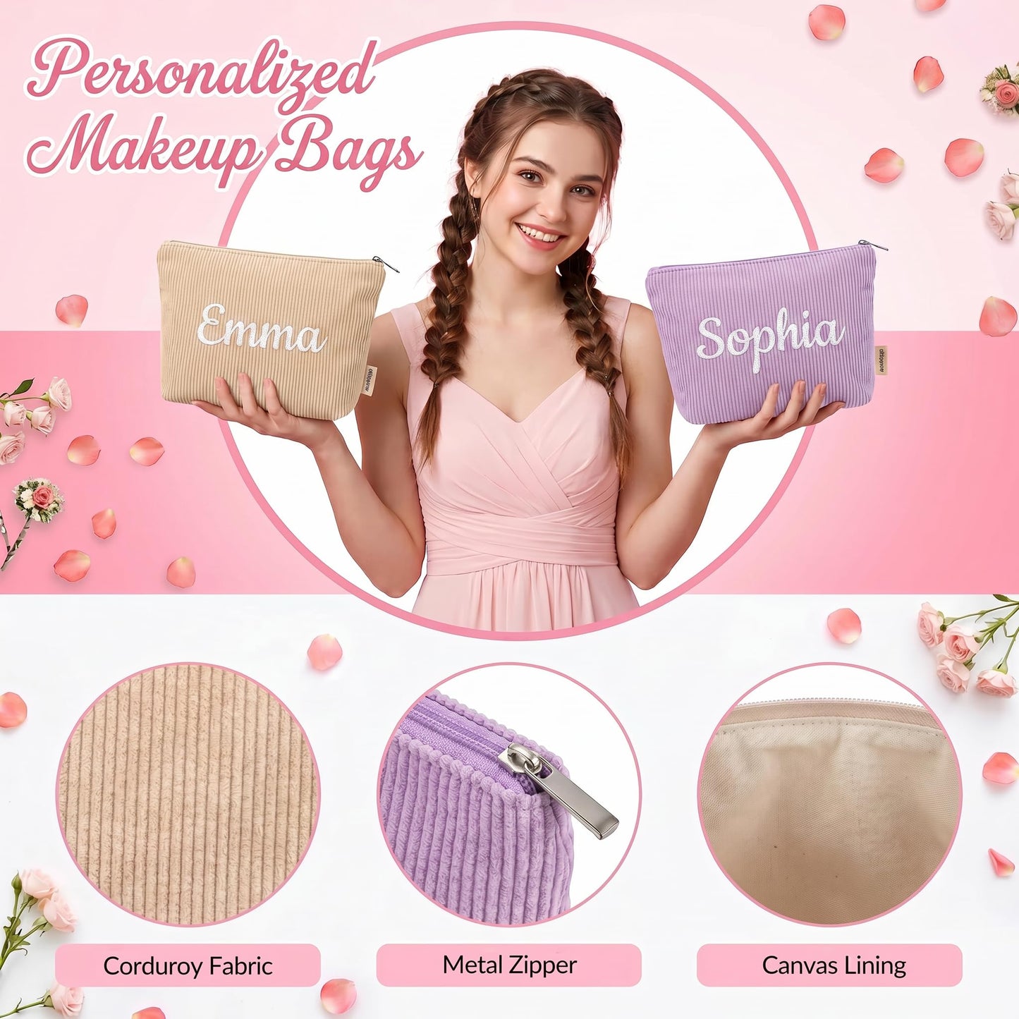 Taikuri Personalized Corduroy Makeup Bag Custom Embroidered Cosmetic Pouch with Name, Travel Pouch for Women, Bridesmaid Gift, Wedding Bachelorette Party Favor