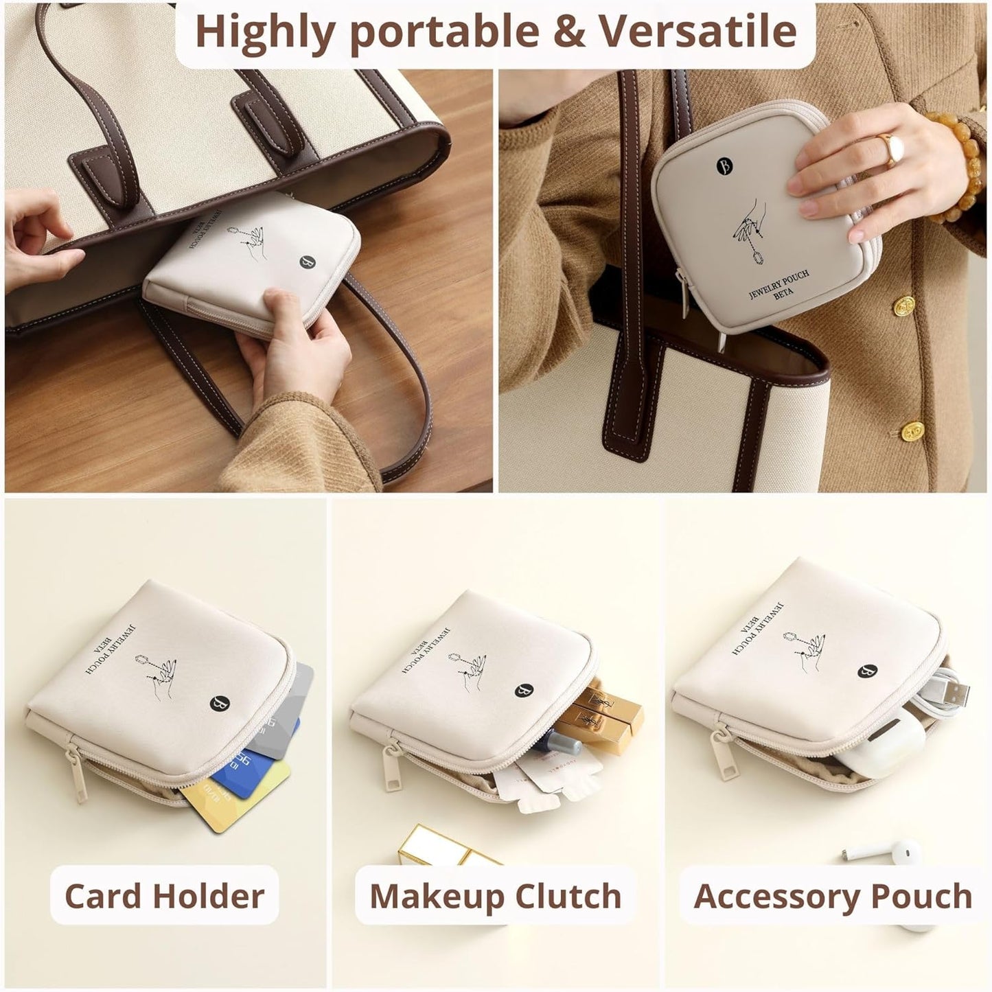 Travel Jewelry Case - Tangle-Free Waterproof Organizer for Women | Beige Double Zipper Gift Box