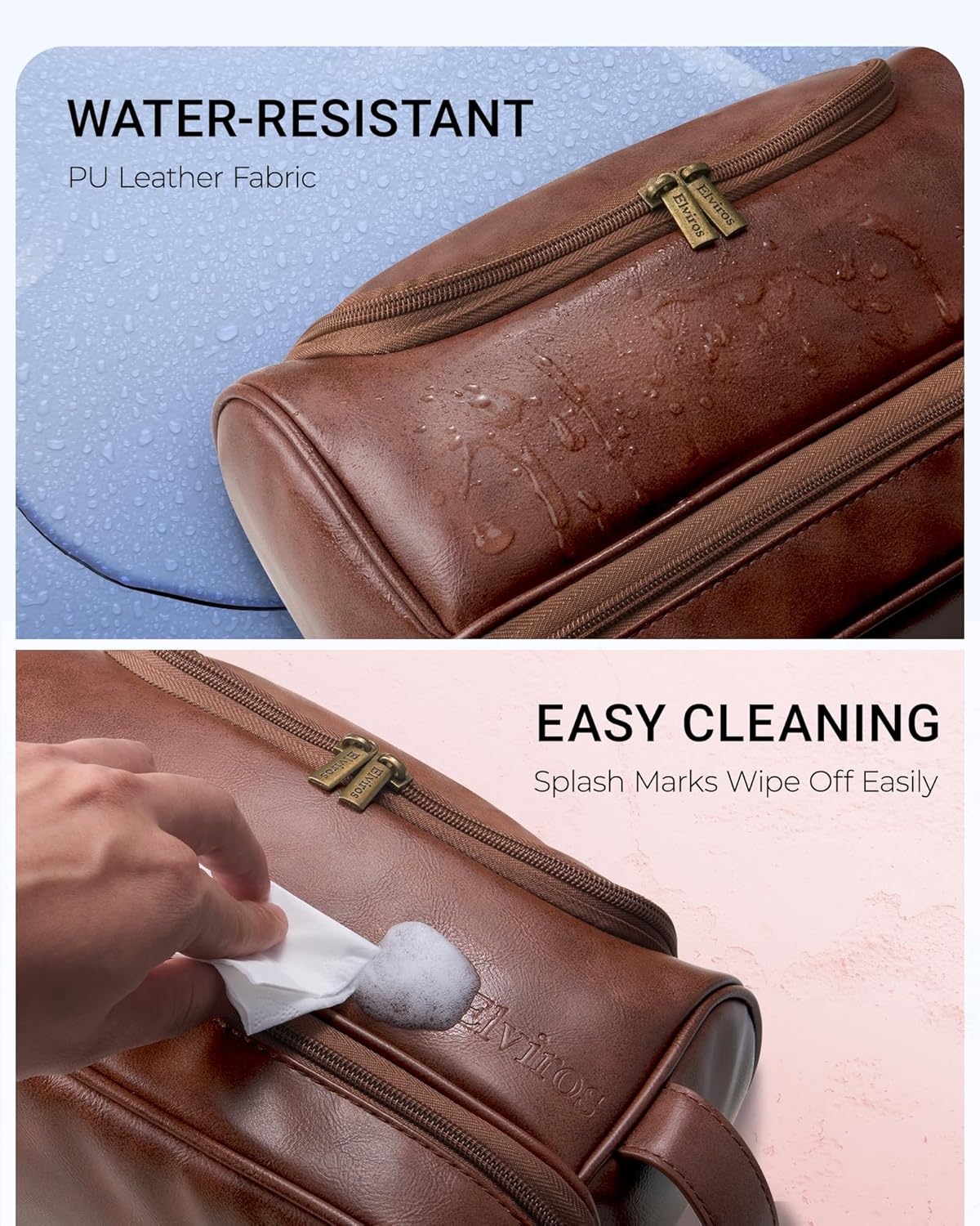 Elviros Toiletry Bag - Men's PU Leather Travel Organizer Kit | Large Water-Resistant Bathroom Shaving Bag (Dark Brown)