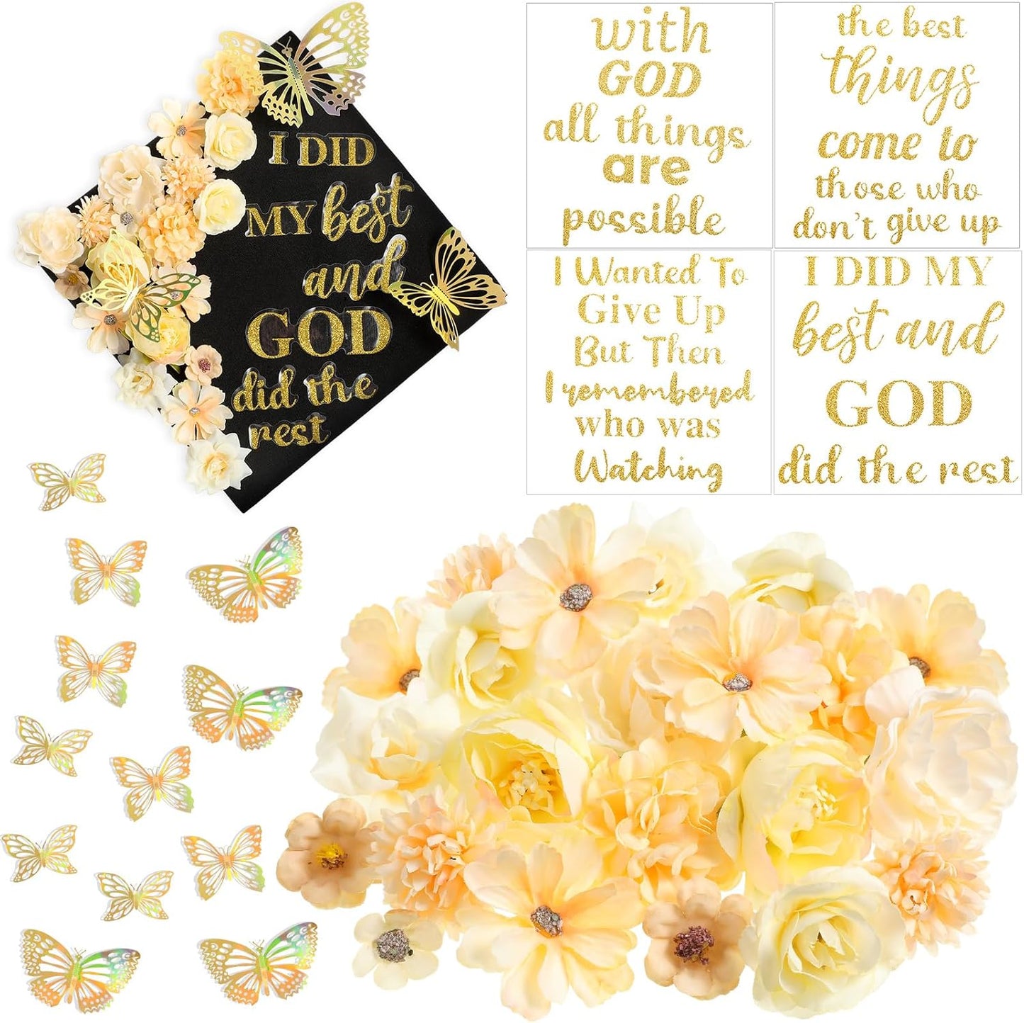 Graduation Cap Decoration Kit - 36 Pcs with Faux Flowers, Glitter Stickers & 3D Butterflies | Blue Inspirational Themes