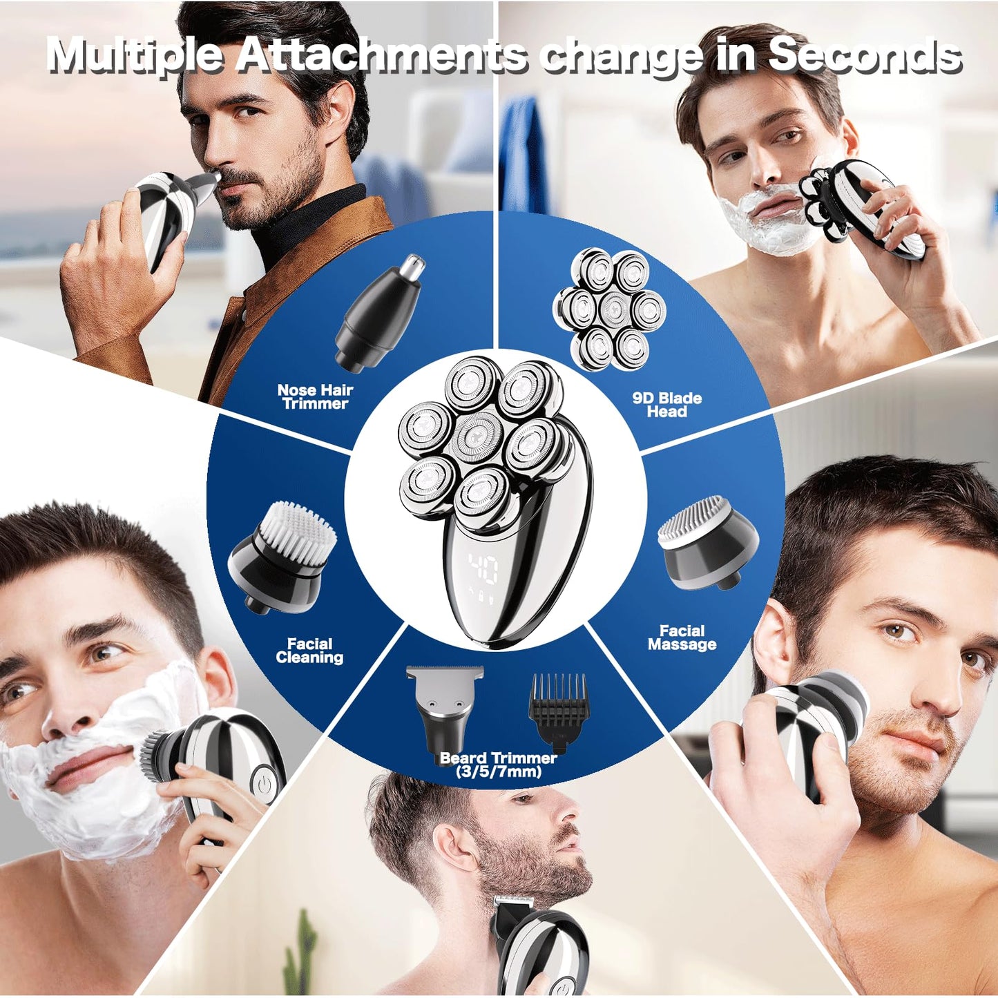 Head Shavers for Bald Men, Electric Razor, IPX8 Waterproof Dry/Wet Bald Head Shaver with 10000 RPM High-Speed Motor, Rechargeable Head Razor with LED Display, USB-C Cable, Perfect for Home & Travel