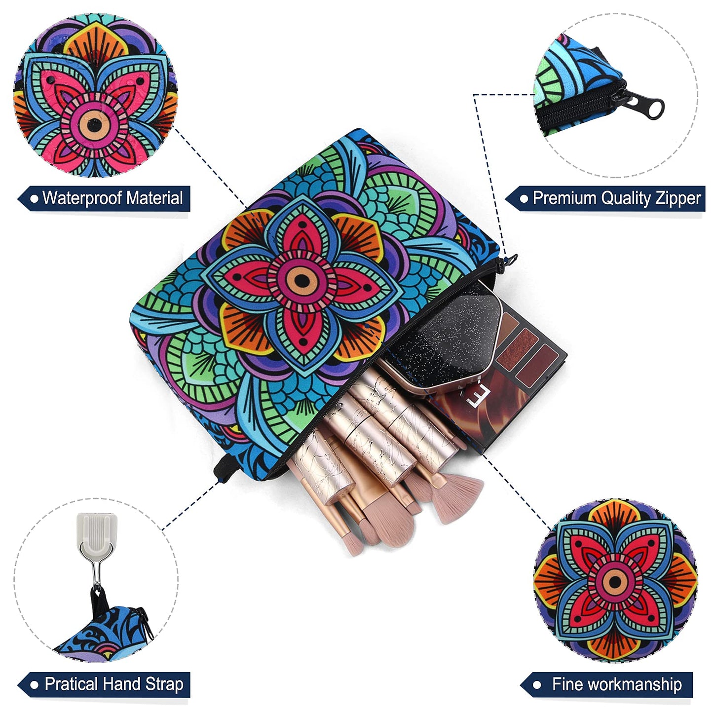 MAGEFY Makeup Bag, 2 Styles Travel Cosmetic Bag for Women Cosmetic pouch Elegant Blue Patterns Zipper Pouch Waterproof Makeup Pouch Cute (2 Packs, Peacock feather + Mandala pattern 0179)
