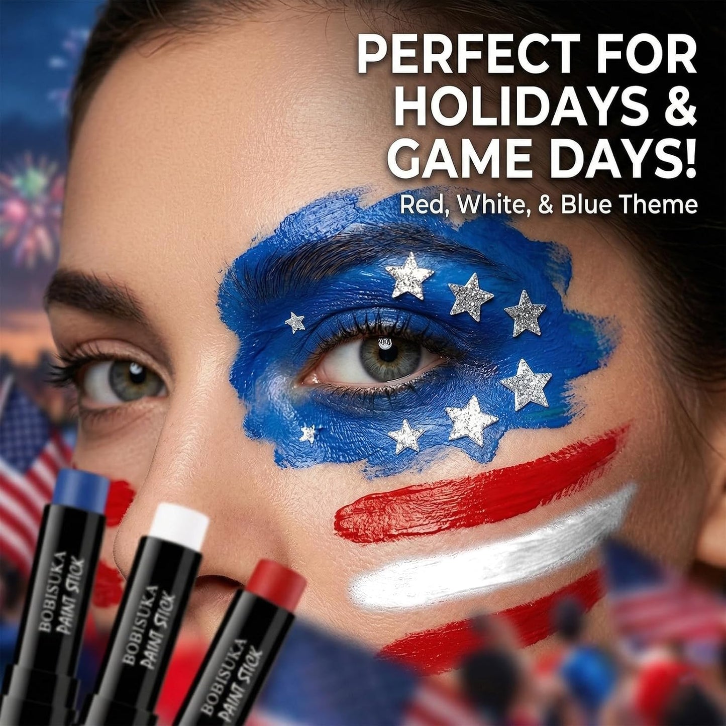 Face Paint Stick Set - Red, White & Blue Cream Makeup for Kids & Adults | 3 Glitter Star Stickers for 4th of July Events