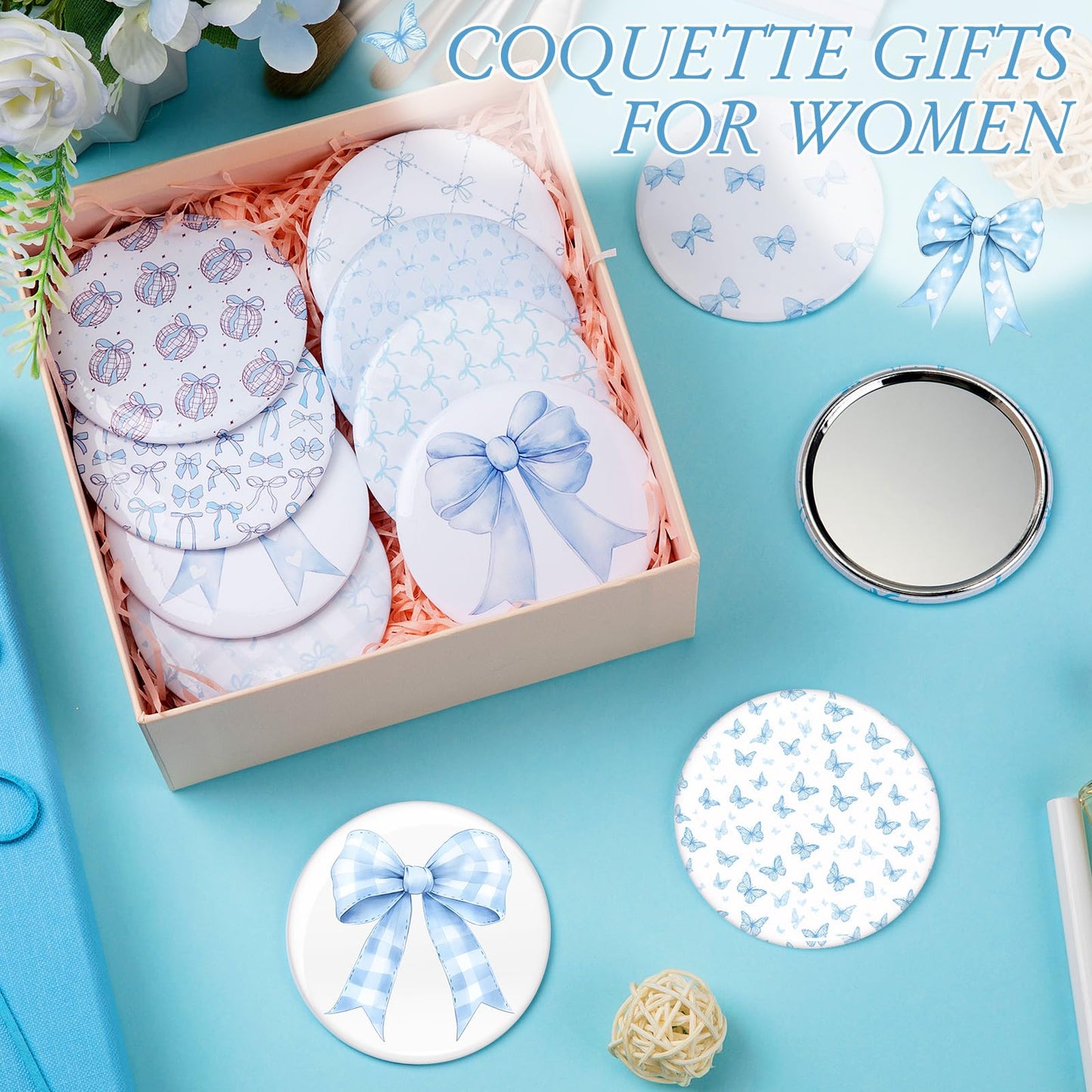Cinnvoice 12 Pcs Bow Party Favor Gift Mini Compact Mirror,Blue