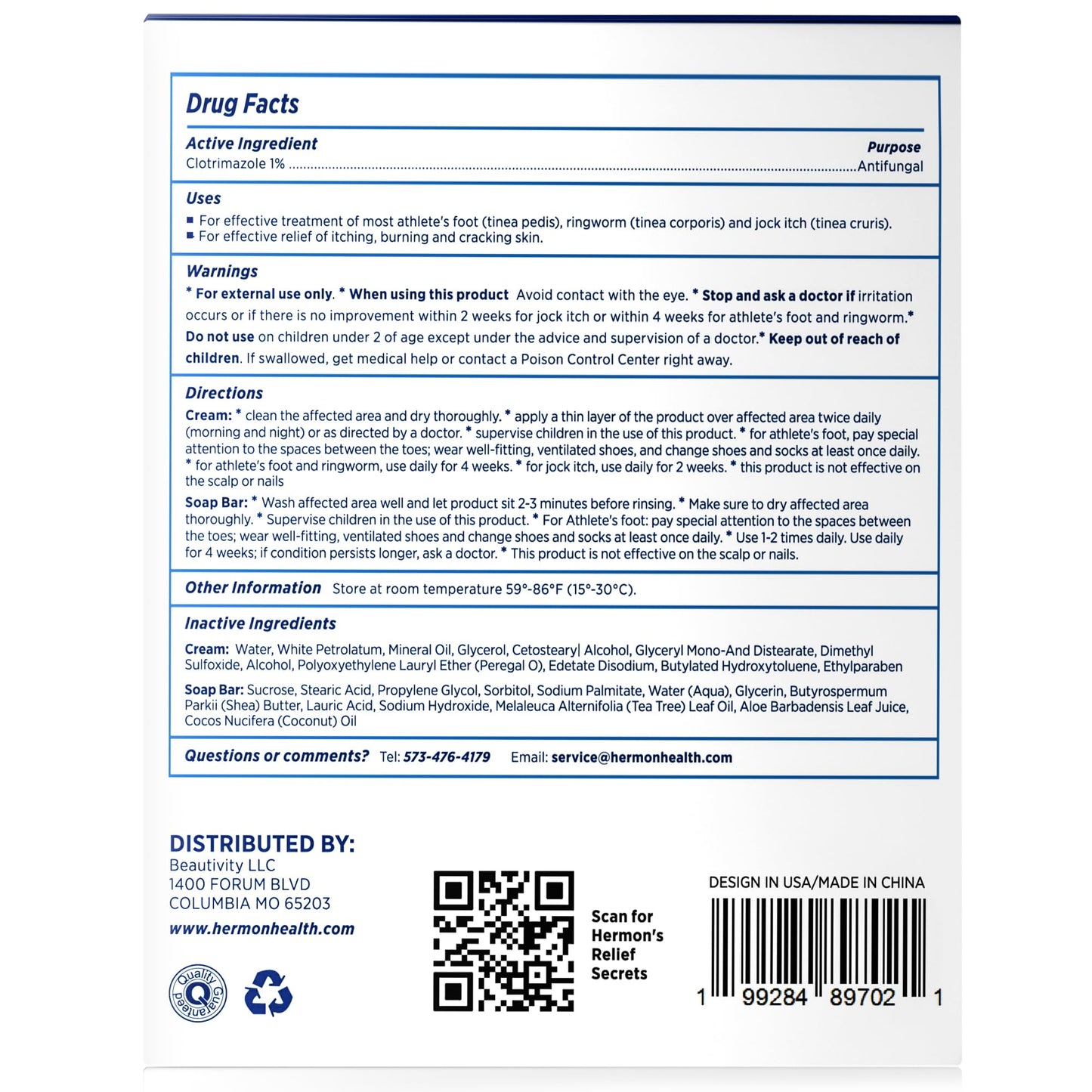 Hermon Clotrimazole Antifungal Treatment Cream & Soap Kit: Antifungal Cream for Athletes Foot, Jock Itch, Ringworm with Anti Fungal Soap - Relieves Itching Burning Cracking - 57g Tube / 113g Bar