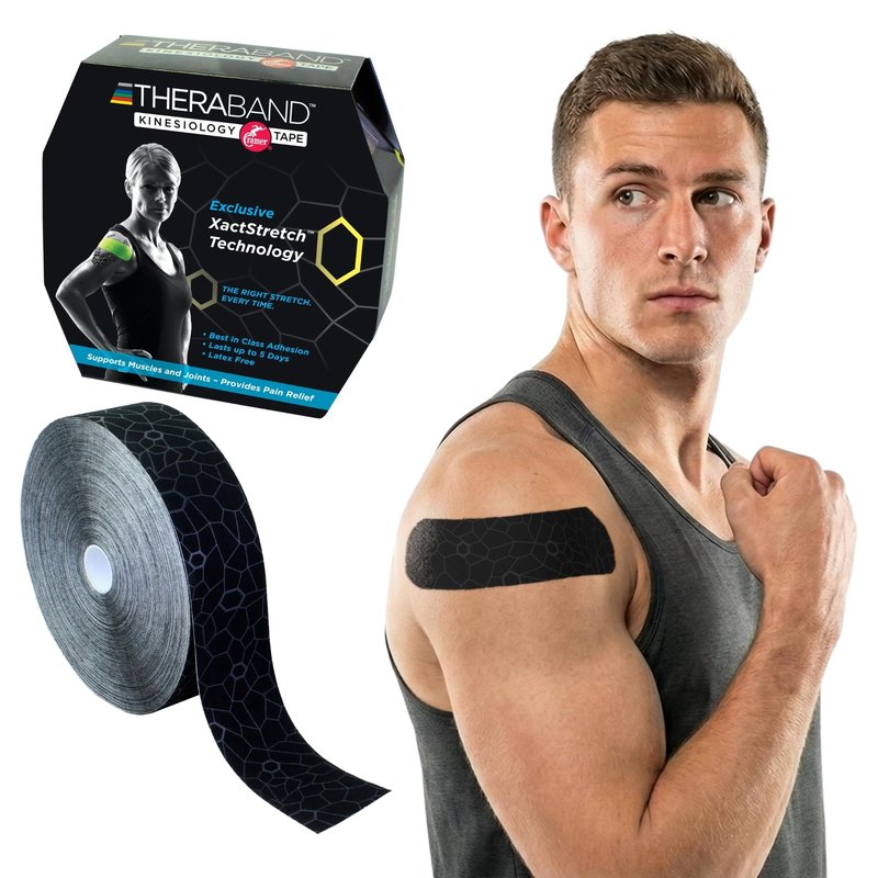 THERABAND Kinesiology Tape, Black/Gray, 2'' X 103.3 Foot Bulk Roll, with XactStretch Indicators, Long-Lasting Athletic Tape for Shoulder & Knee, Latex-Free Sports Tape, Water Resistant, Cut-to-Length
