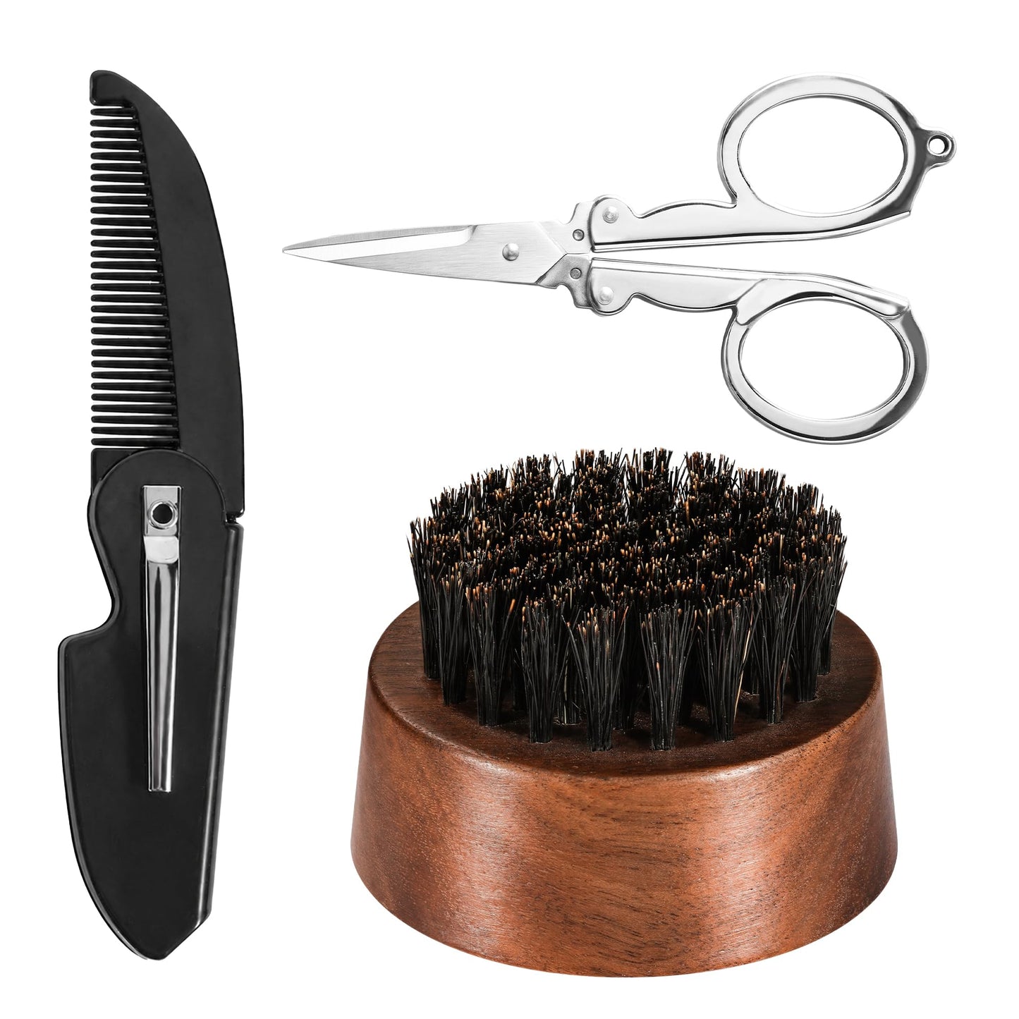 BFWood Beard Brush for Men - Natural Round Boar Bristles Brush Comb Set with Walnut Wood, Foldable Mustache Comb and Trimming Sissors, Small Beard Brush Grooming Mustaches Kit for Travel