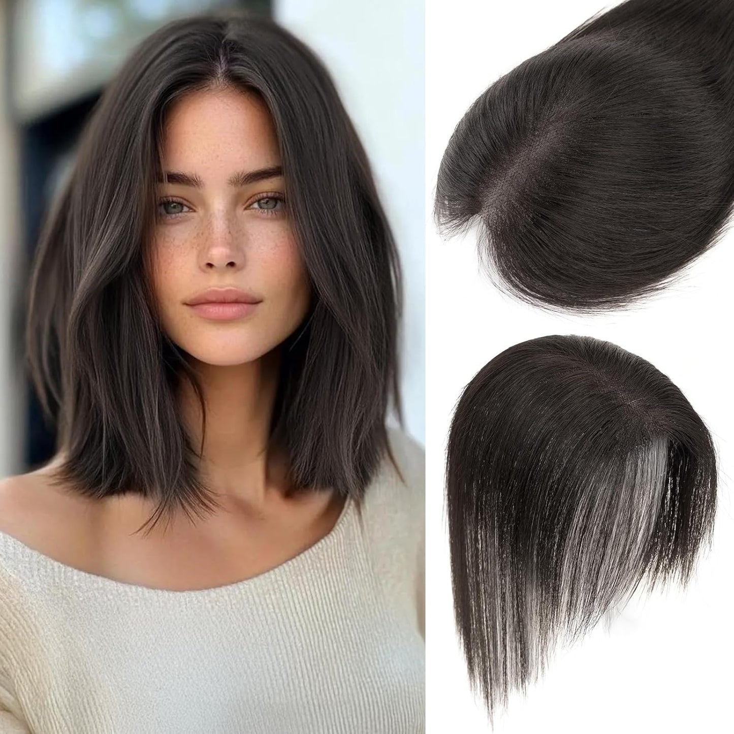 Dark Brown Human Hair Toppers for Women - 360° 3D Clip-In Short Hairpieces | 12 Inch