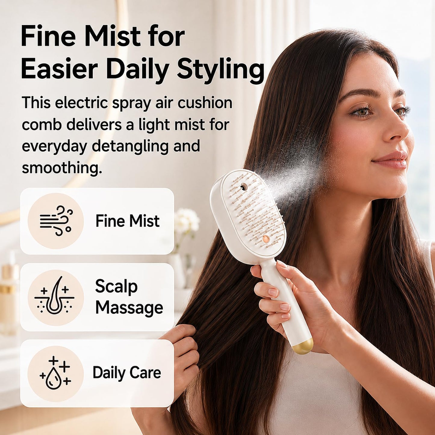 Electric Spray Air Cushion Massage Comb, Rechargeable Mist Hair Brush with Self-Cleaning Design, Detangling Brush for Frizzy Hair, Flyaways & Scalp Comfort(Beige)