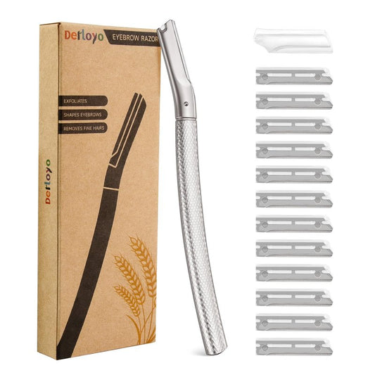 Eyebrow Razor and Face Razor for Women, Reusable Metal Handle with 12 Refill Blades and Protective Silicone Cap, Eyebrow Hair Trimmer - Silver