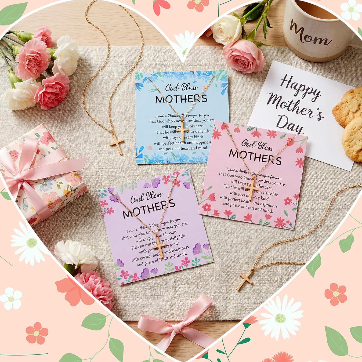 Tondiamo 20 Pcs Mother Cross Necklaces - Adjustable Christian Gifts with Flower Cards for Moms | Ideal Church Gifts