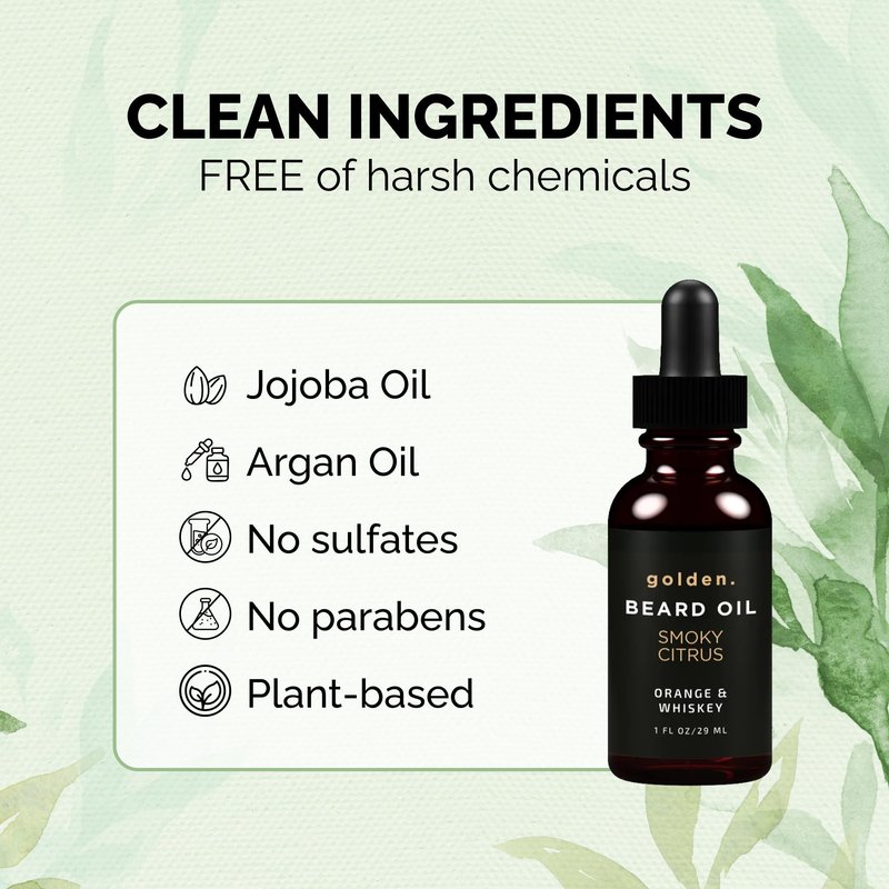 Golden Grooming Beard Oil for Men - Natural Beard Conditioner with Sweet Almond, Golden Jojoba & Argan Oil - Hydrating Beard Softener with Vitamin E - Smoky Citrus, 1oz