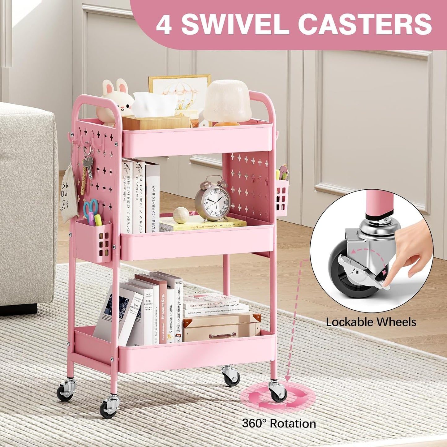 3 Tier Rolling Cart with DIY Pegboard - Metal Utility Cart with Wheels, Hooks & Baskets | Sturdy Storage Organizer for Craft, Bathroom, Kitchen, Office, Nursery, Classroom (Pink)