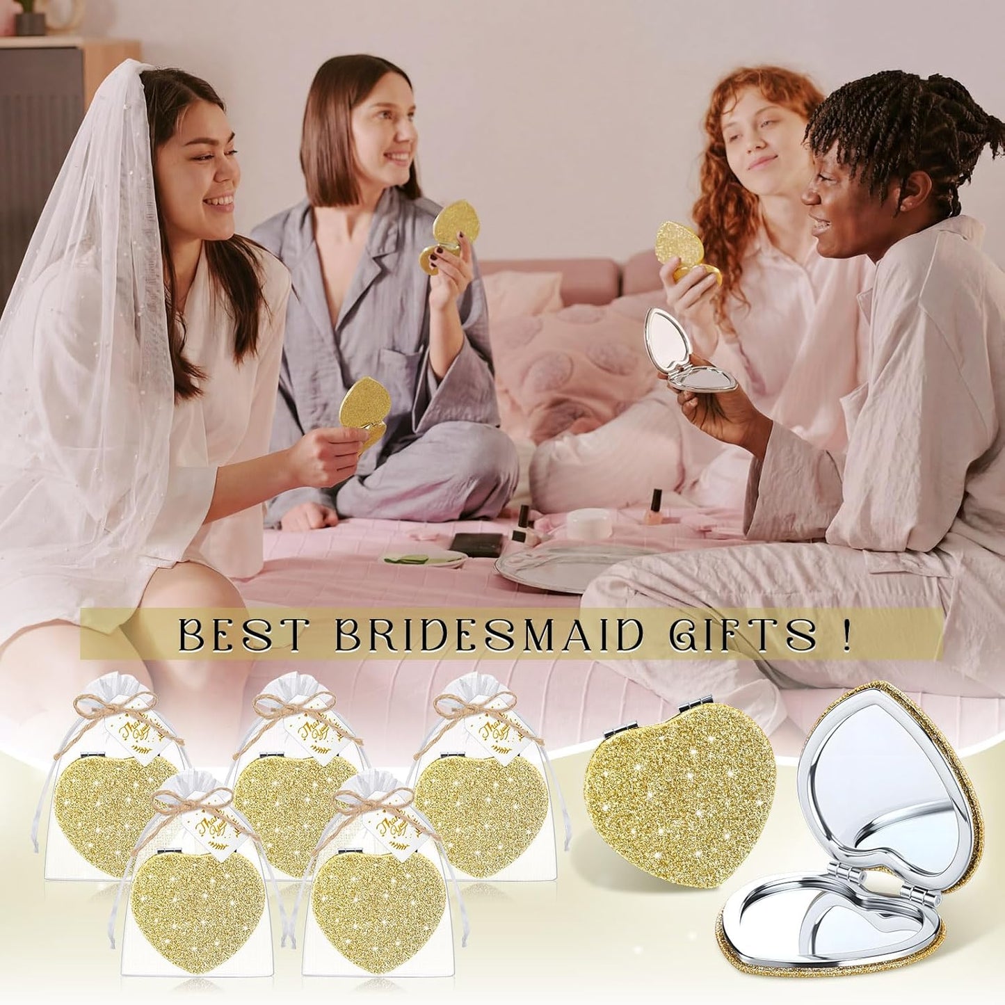 Heart Glitter Compact Mirror - Gold Magnifying 1x/2x PU Leather | Perfect Gift for Women, Bridal Showers & Weddings