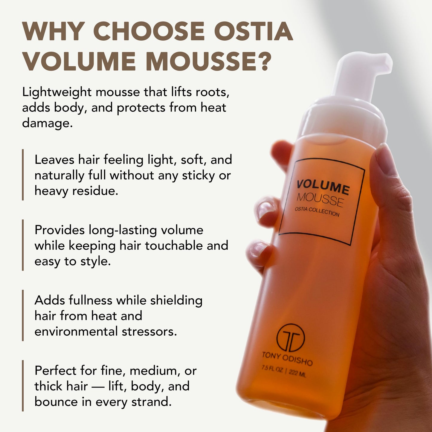 Tony Odisho - Volume Mousse – Lightweight Styling Foam for Fine or Wavy Hair – Curl Volumizing Mousse – Medium Hold Conditioning Hair Volumizer for Women & Men – Moisturizes & Boosts Shine - 250ml