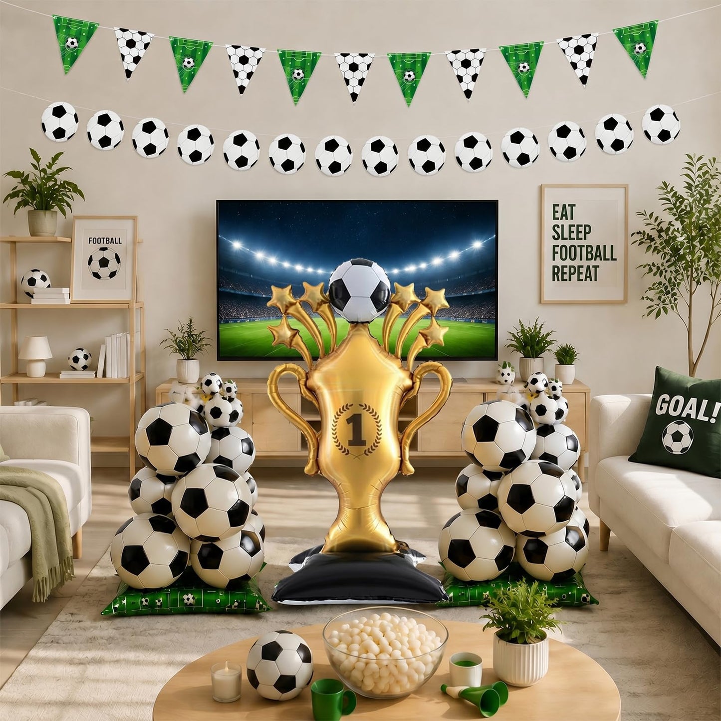 Dingpanxing 5PCS Soccer Party Decorations - 59" Trophy Balloon, Soccer Ball Foil Balloons, Pennant Banner for Birthday, Game Day, 2026 World Cup, Football Themed Party Supplies