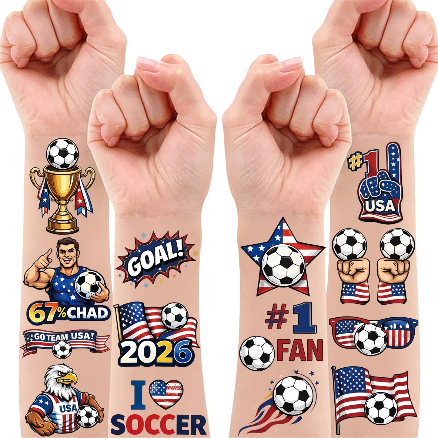 62Pcs Soccer Temporary Tattoos – USA Soccer Party Favors, American Flag Fan Tattoos, 2026 Soccer Cup Decorations, Birthday Party Supplies, Patriotic Tattoos for Fans, 2026 Soccer Celebration