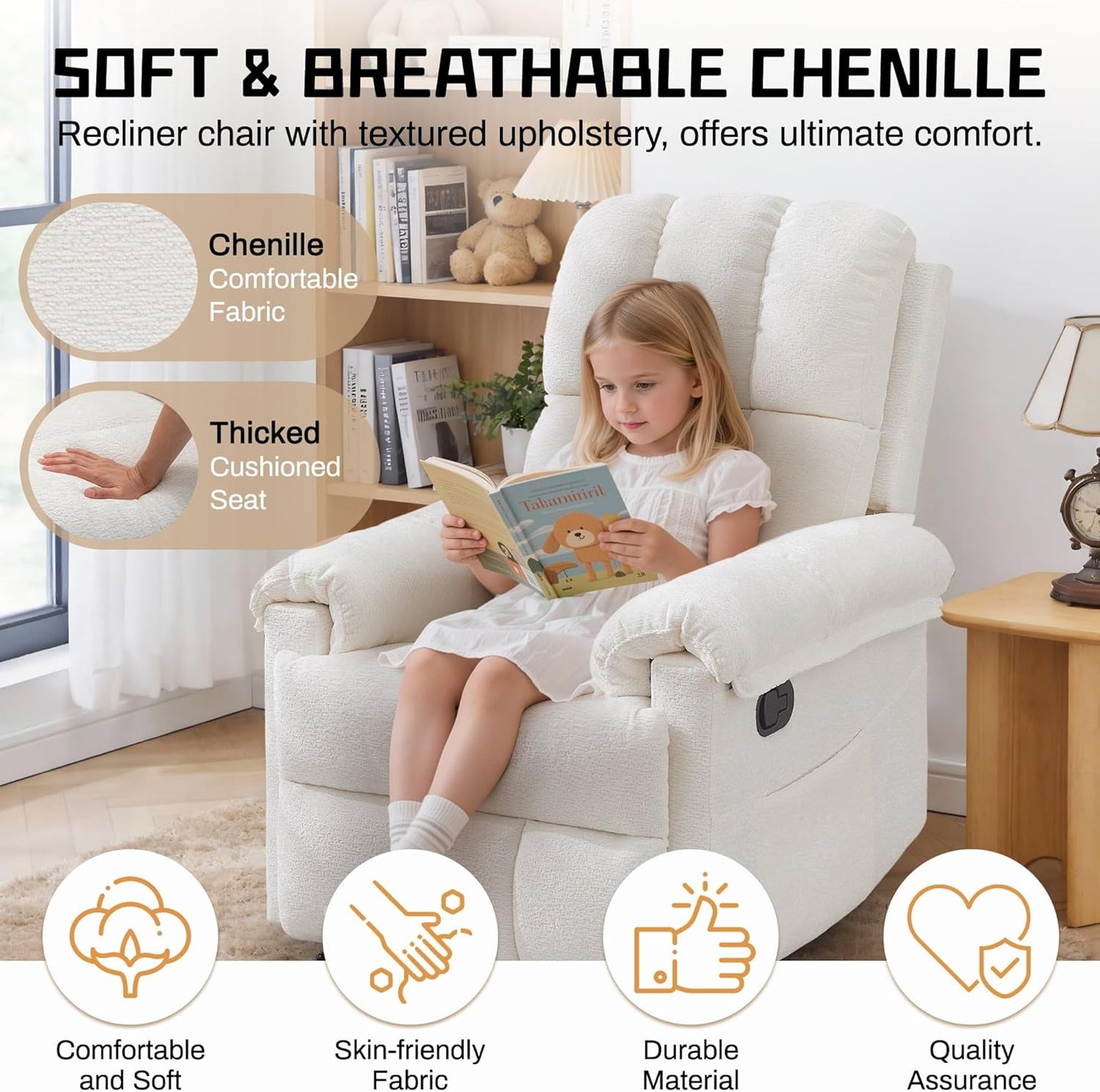 Recliner Chair - Upholstered Manual Recliner for Small Spaces | Modern Chenille Design in Beige with Side Pockets