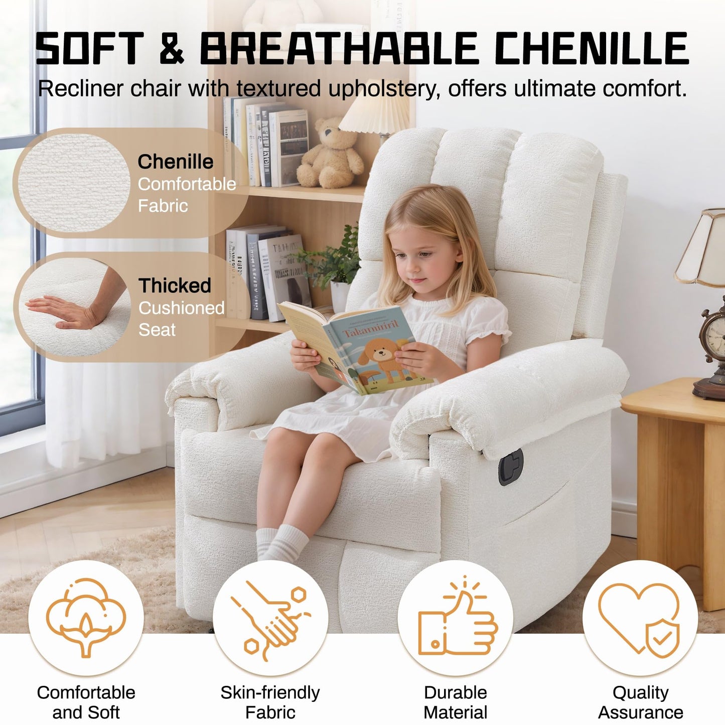 Korser Recliner Chair, Living Room Recliner Chairs for Adults, Small Recliners for Small Spaces, Upholstered Manual Recliner with Side Pockets, Modern Nursery Chair for Living Room, Chenille, Beige