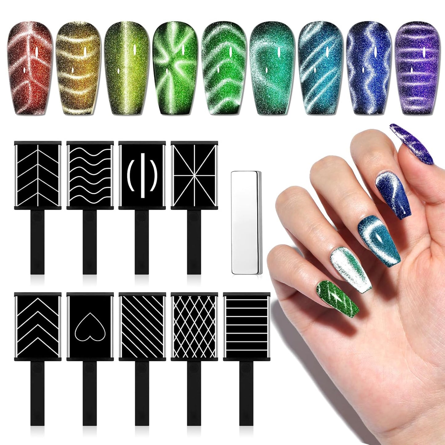 Cat Eye Magnet for Nails - 9PCS Dual-Ended Nail Art Tools | Strong Magnet for DIY Salon & Home Use