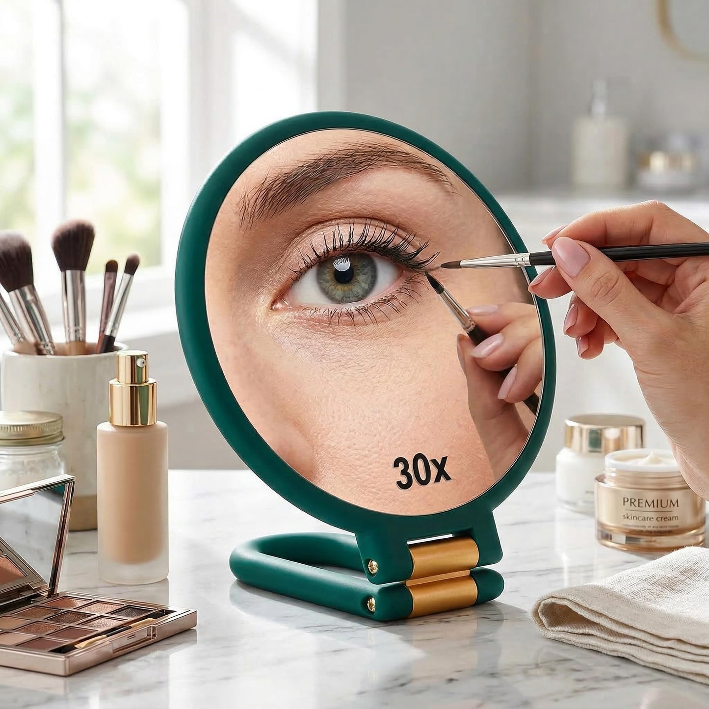 Magnifying Handheld Mirror Double Sided, 1X and 30X Magnification Hand Mirror, Travel Folding Hand Held Makeup Mirror with 360° Rotation Pedestal for Vanity, Dressing Table and Daily Use Green
