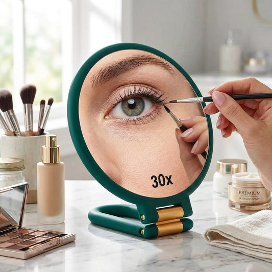 Magnifying Handheld Mirror Double Sided, 1X and 30X Magnification Hand Mirror, Travel Folding Hand Held Makeup Mirror with 360° Rotation Pedestal for Vanity, Dressing Table and Daily Use Green