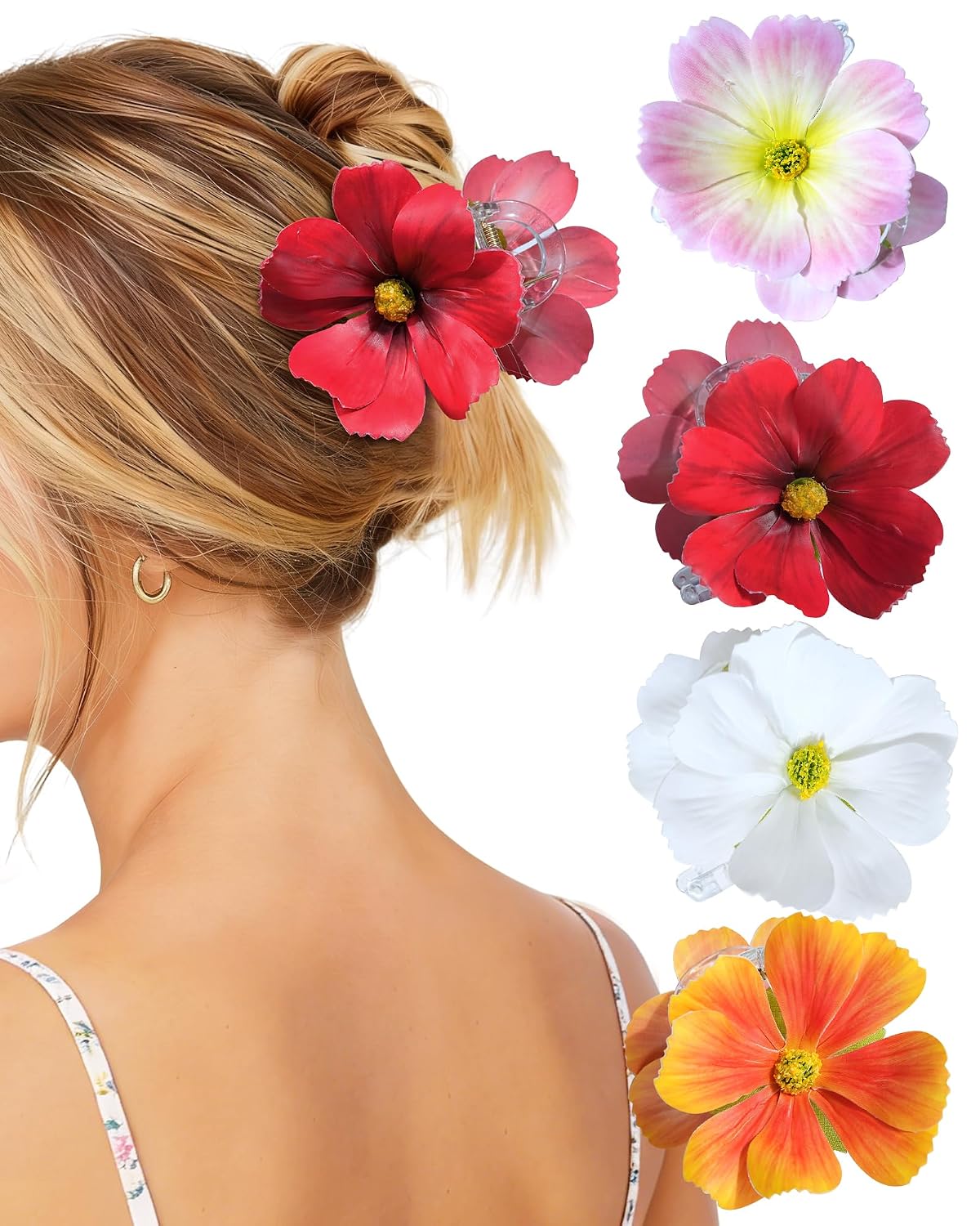 Hawaiian Flower Hair Claw Clips - 4 Pack Artificial Tropical Orchid | Wedding & Beach Party Accessories (Blue, Green, Pink, Yellow)