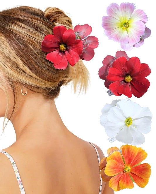 Hawaiian Flower Hair Claw Clips - 4 Pack Tropical Orchid Clips for Weddings & Beach Parties | Red, Orange, Pink, White