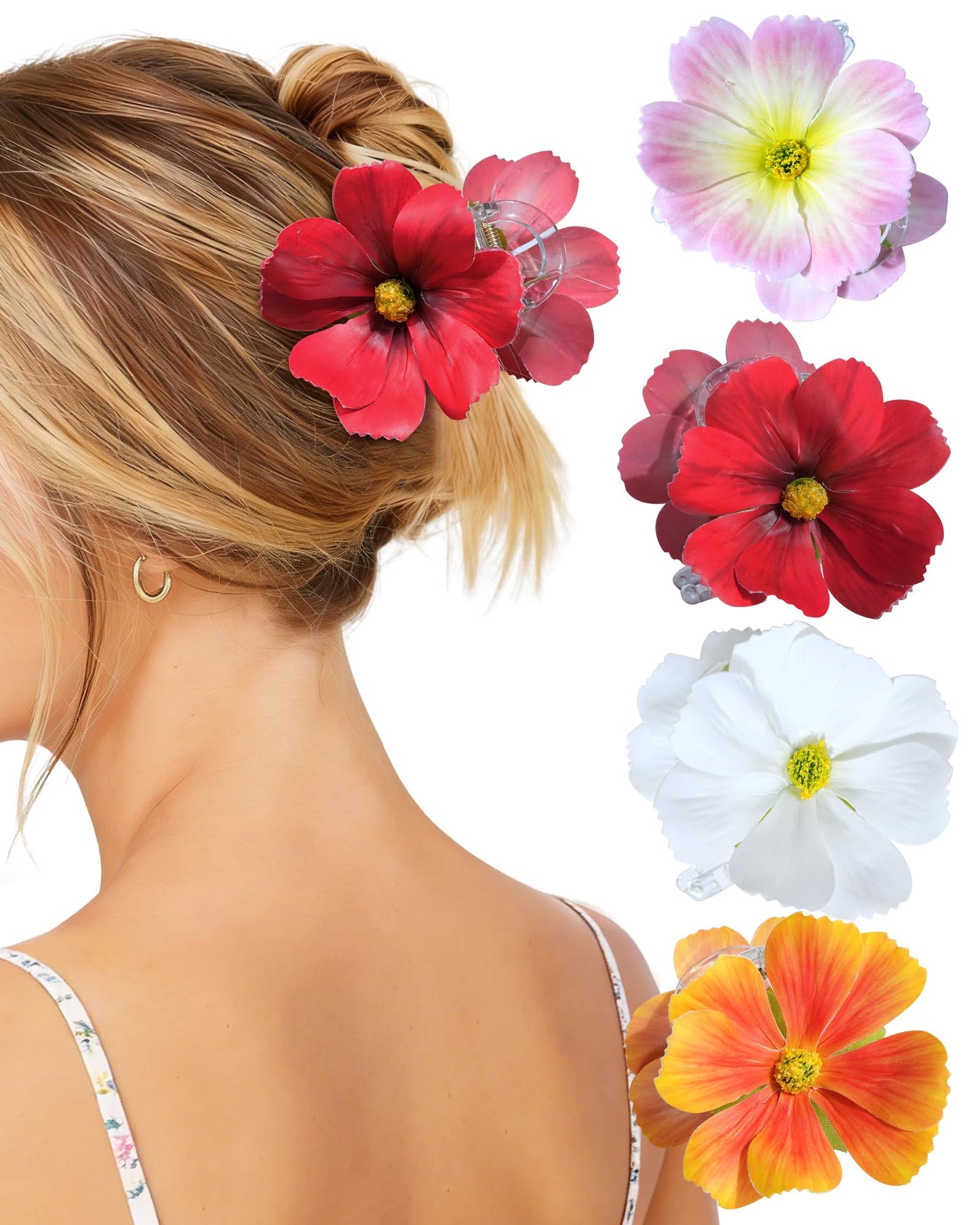 Mesovor 4 Pack Hawaiian Flower Hair Claw Clips, Artificial Tropical Orchid Hair Clip | Flower Clips for Hair Wedding Bridal Beach Party (Red+Orange+Pink+White)