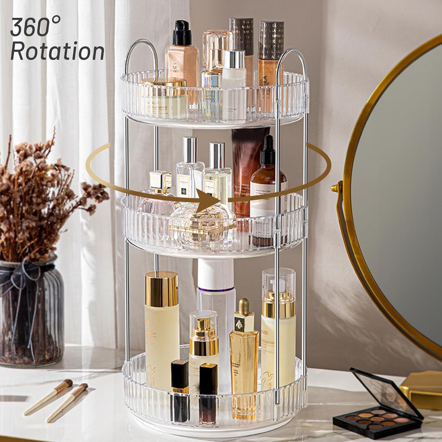 Rotating Makeup Organizer - 3 Tier Clear Cosmetic Holder for Vanity | Grey Perfume & Skincare Storage