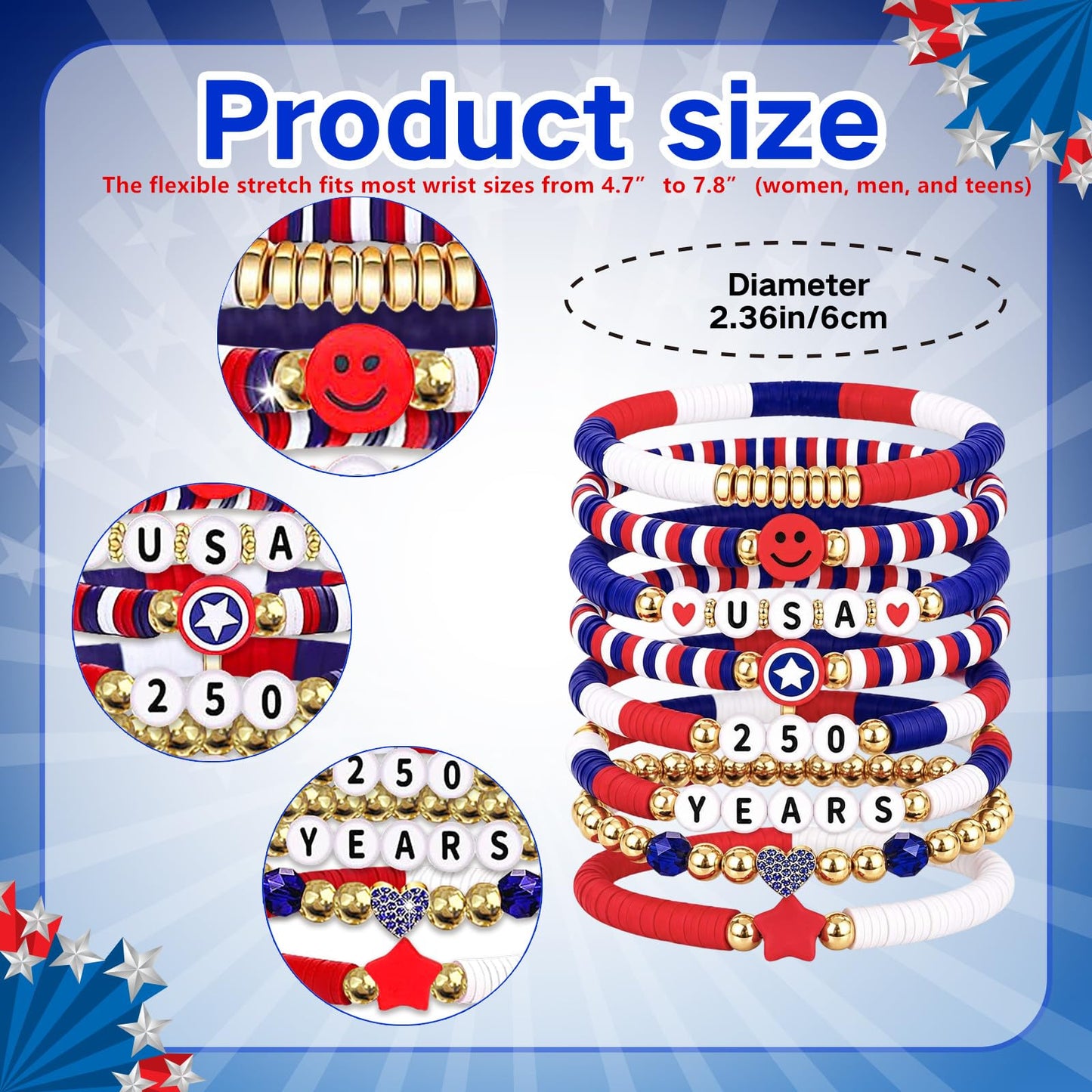 Go Ho 8 Pack 250 Anniversary USA Bracelets,4th of July Outfits Shirts Accessories for Women,Patriotic Red White and Blue Stackable Bracelets Set with USA,250 YEARS,Star&Smile Charms