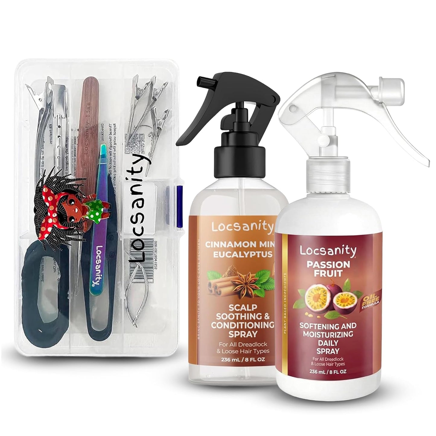 Locsanity Loc Retie Bundle - 3-Piece Maintenance Kit for Sisterlocks, Microlocs & Locs | Includes Retightening Tool, Passion Fruit & Cinnamon Mint Sprays