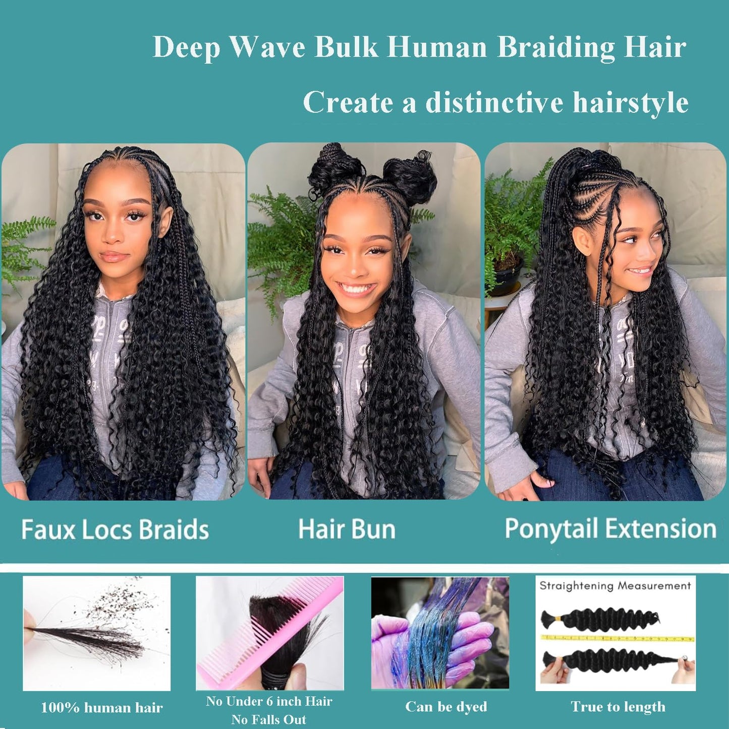 Deep Wave Bulk Human Hair for Braiding 110g 22 Inch 2 Bundles/Pack Human Braiding Hair for Boho Braids Knotless 12A Water Wave Curly Human Hair for Boho Knotless Braids Human Hair Bundles