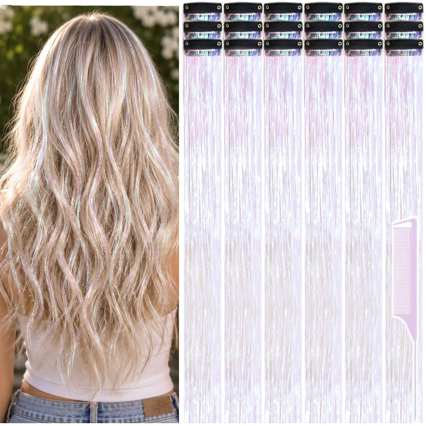 Hair Tinsel Clip-Ins - 22 Inch Purple Glitter Extensions for Women & Girls | 18 Pcs Fairy Hair Accessories