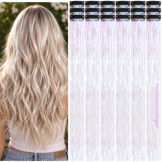 Hair Tinsel - 22 Inch Symphony White Clip-In Extensions | 18 Pcs Glitter Kit for Women & Girls