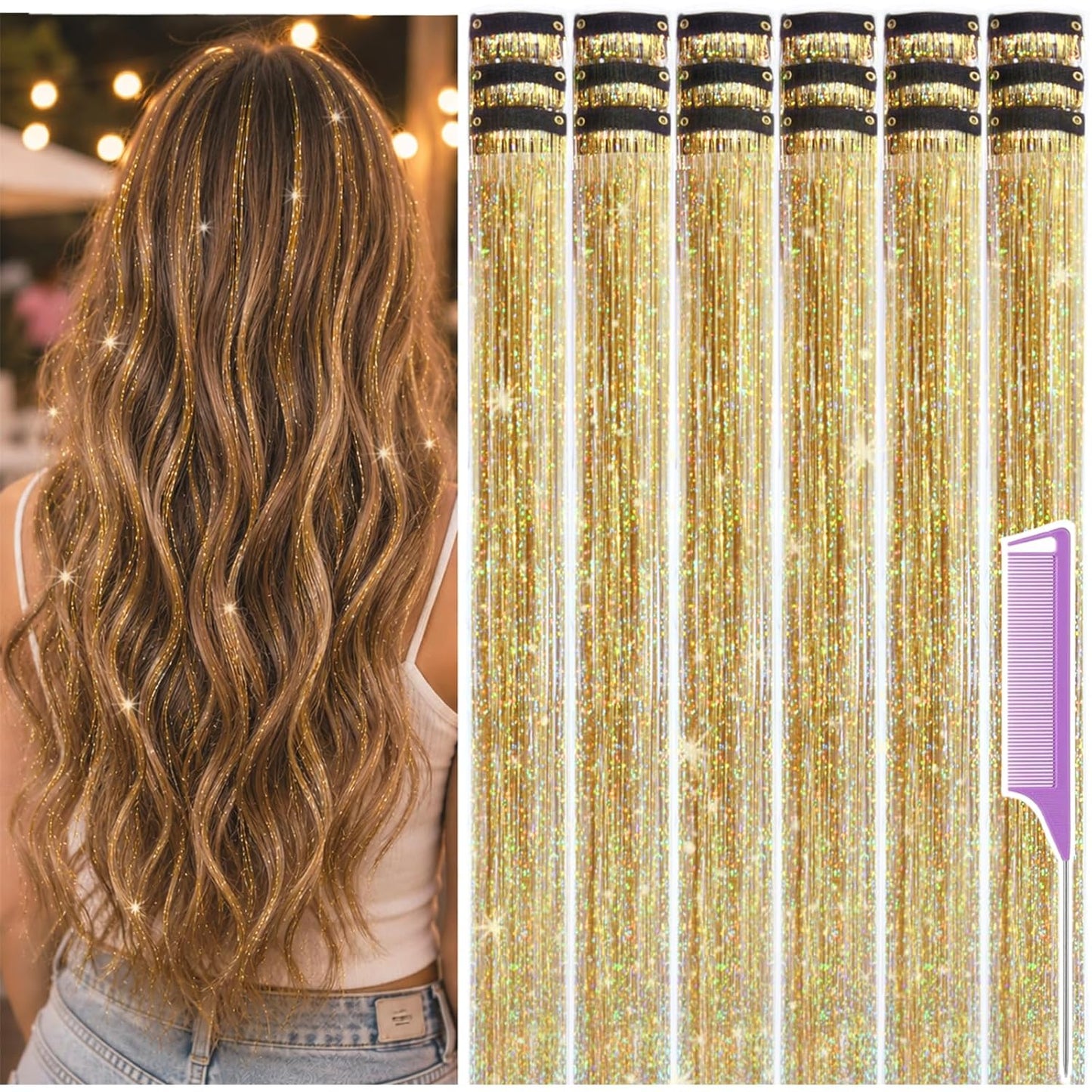 Hair Tinsel | 18-Piece Lake Blue Clip-In Glitter Extensions - 22 Inch Fairy Hair Kit for Women & Girls