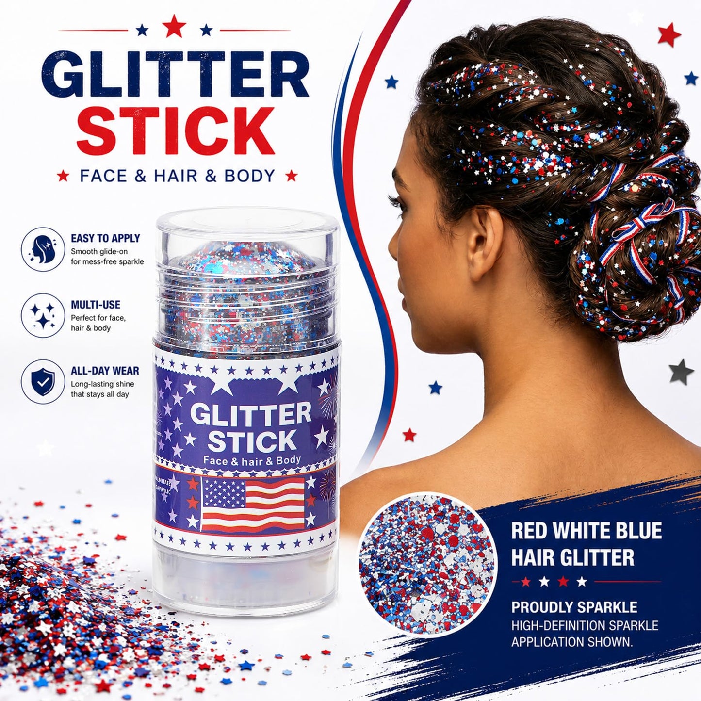 4th of July Hair Glitter Stick with Star,Red White Blue Face Glitter Stick,Fourth of July Body Glitter,Patriotic Outfits and 250th Anniversary Accessories,Independence Day Sparkling Makeup for Women