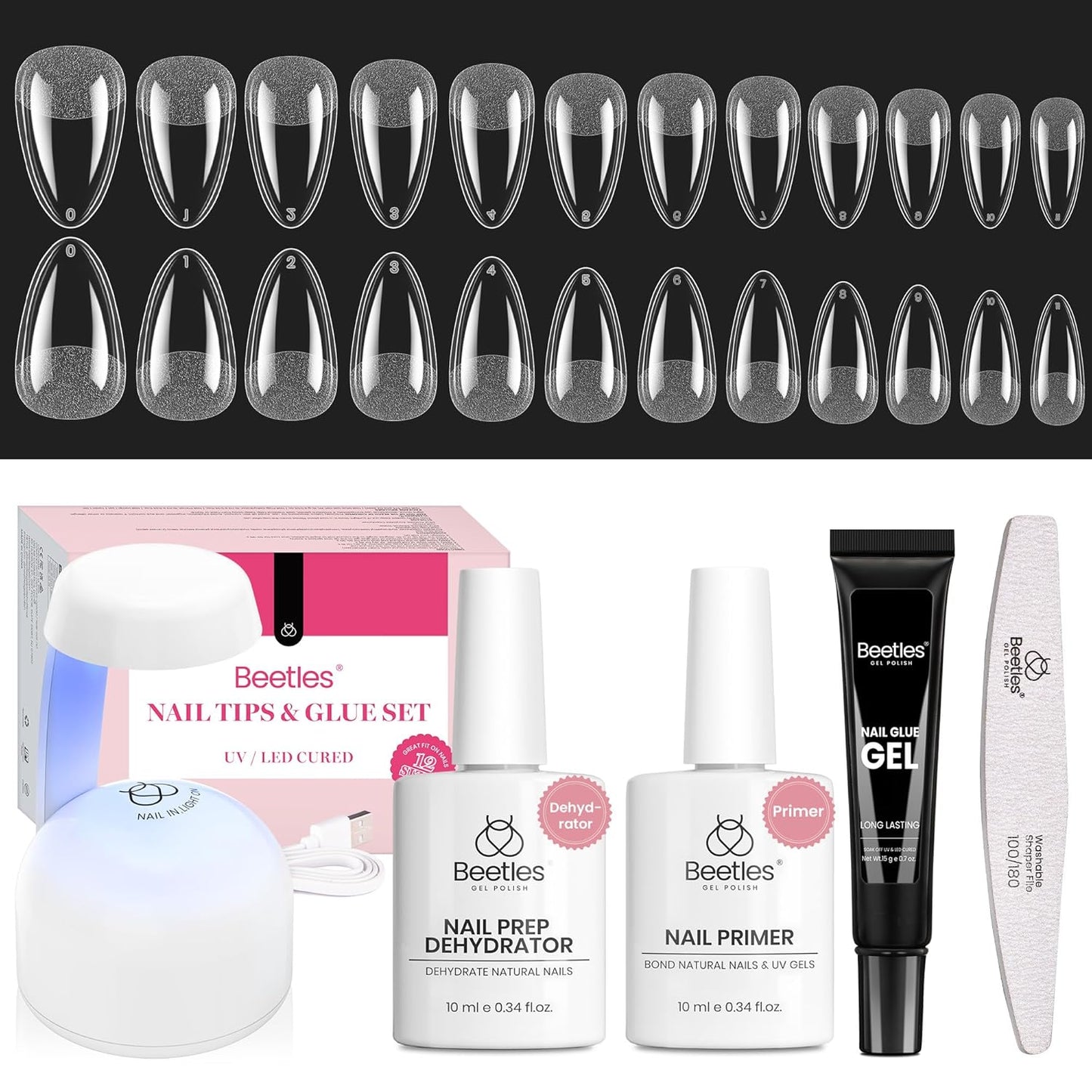 Beetles Gel Nail Kit - Medium Square Half Matte Gel Tips with Dehydrator & Primer | Easy DIY Acrylic Extension Set for Women