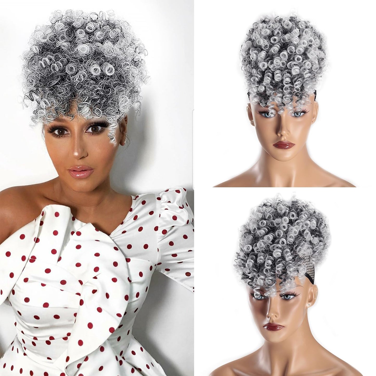 SuyiIRL Gray Afro Puff Drawstring Ponytail with Curly Hair Pieces Clip in Bangs Short Ponytail Hair Extensions drawstring ponytail for Black Women, T1B/Gray