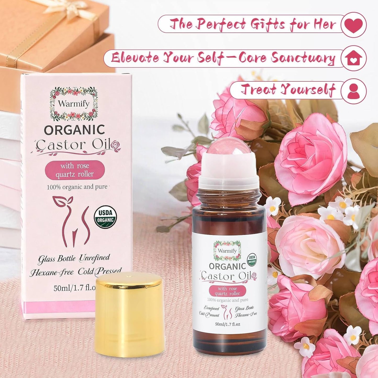 Organic Castor Oil - Rose Quartz Roll-On for Skin Moisturizing | 50ml Cold-Pressed, Hexane-Free, Relaxing Self-Care Gift