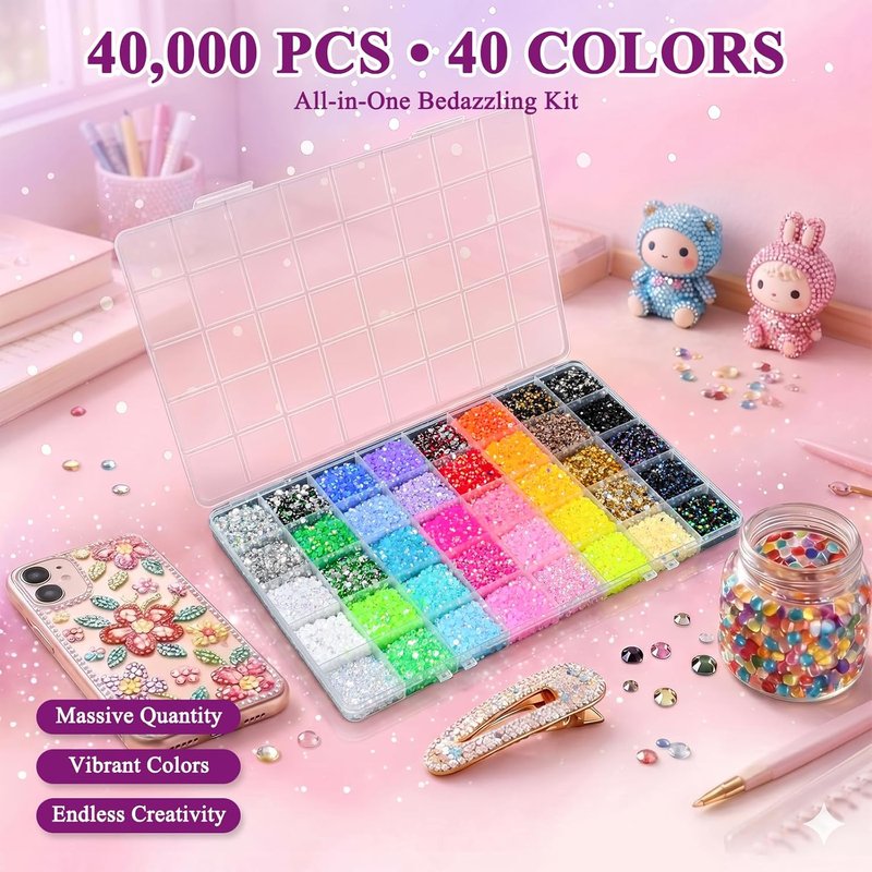 Resin Jelly Rhinestones - 40 Colors 3mm Flatback Gems Kit with B7000 Glue & Tools | DIY Crafting, Nail Art & More