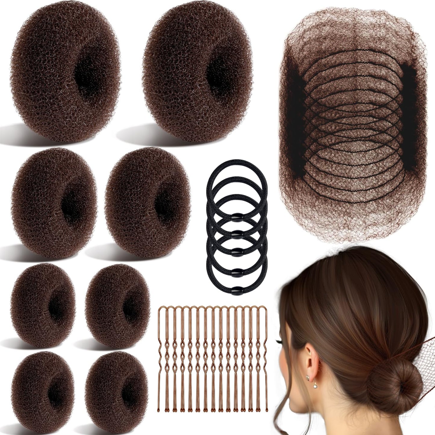 Bun Maker Set - 8 Bun Makers, 10 Brown Hair Nets & 40 Bobby Pins for Dance & Ballet | Hair Accessory Kit