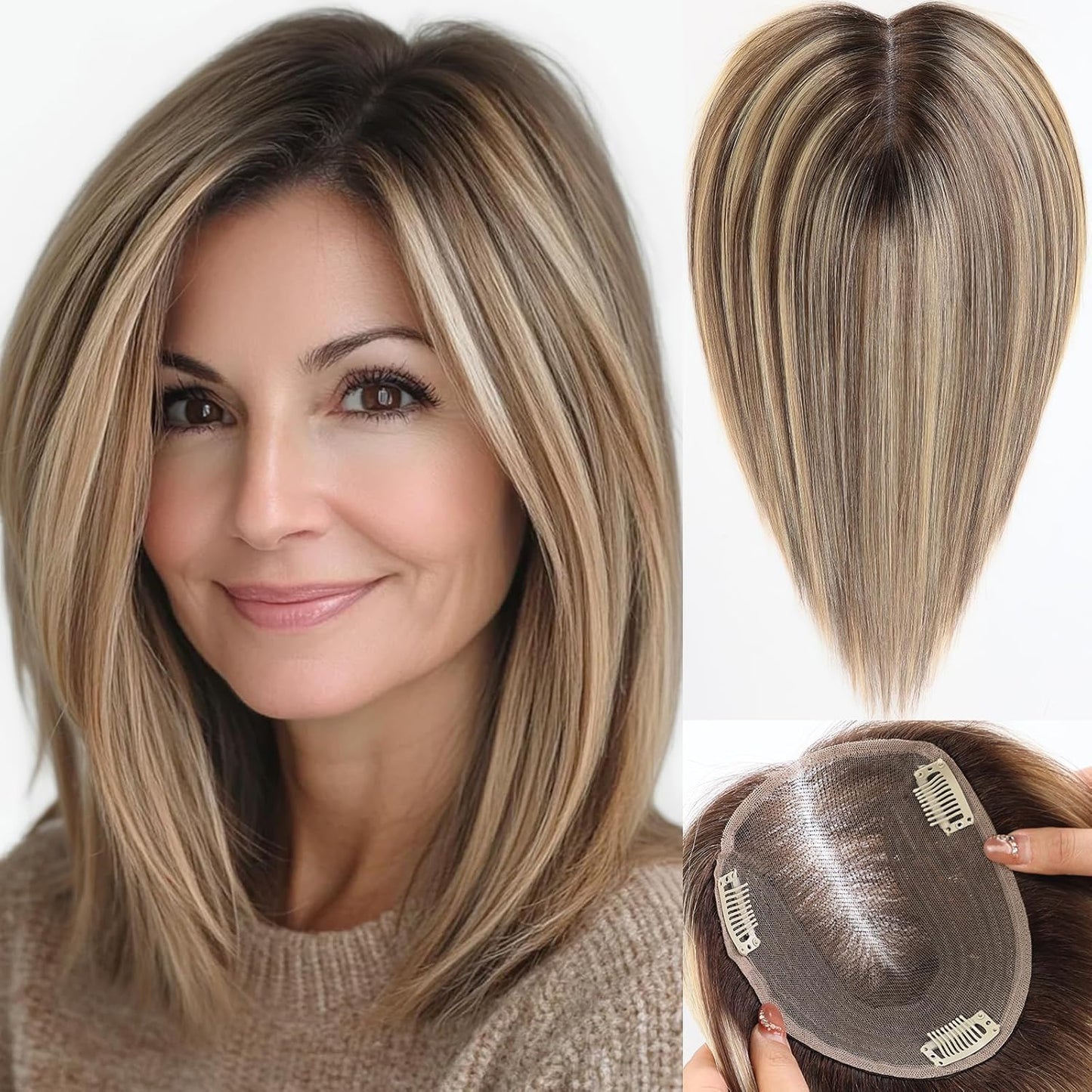 Real Human Hair Toppers for Women - 14 Inch Silk Base | Ash Blonde Mixed Brown with Bangs - 60g